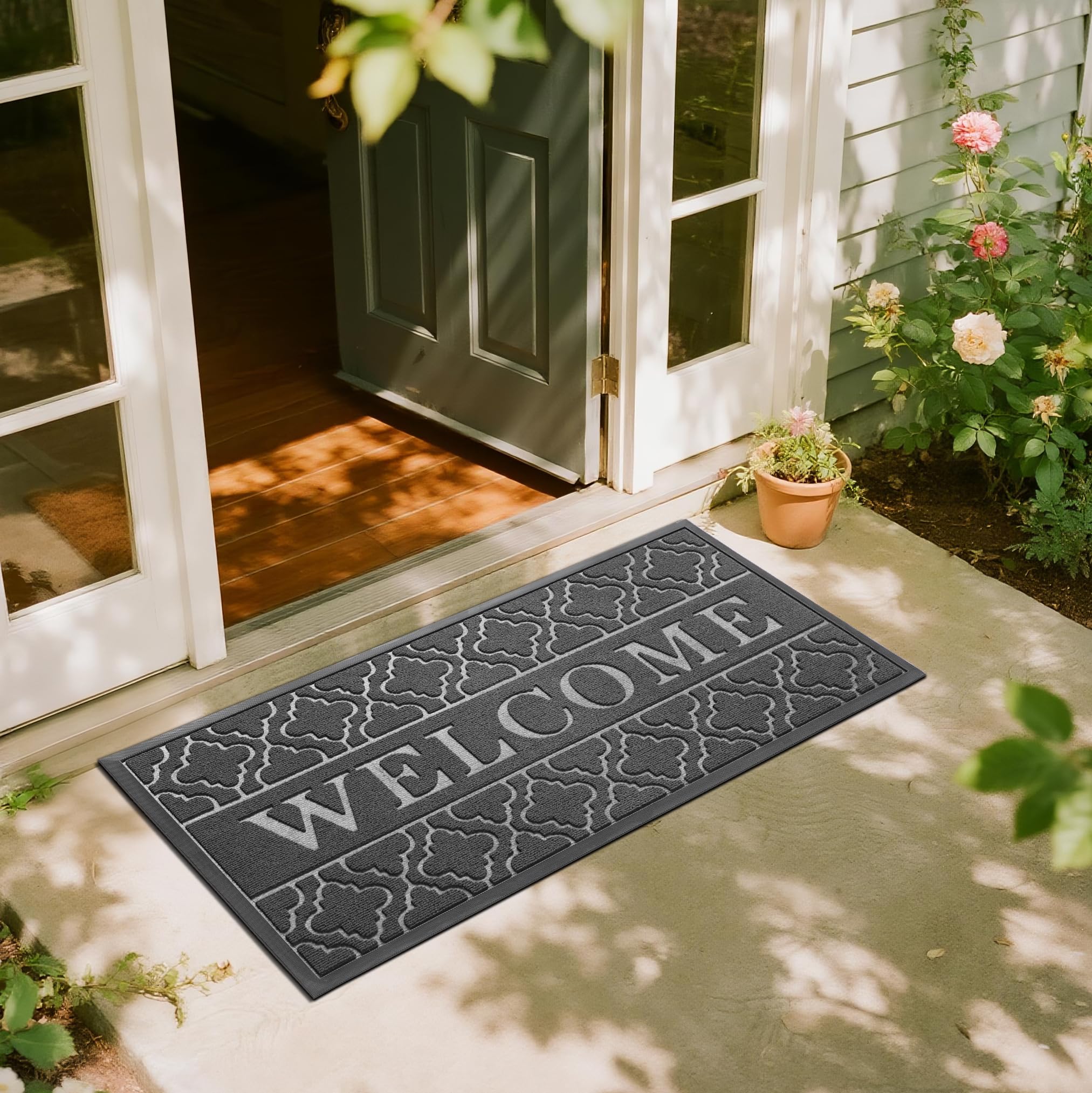 Yimobra Welcome Mat Outdoor Indoor, All-Weather Waterproof Front Door Mat Outside Entrance, Non-Slip Low Profile Porch Patio Doormat, 29.5x17, Black