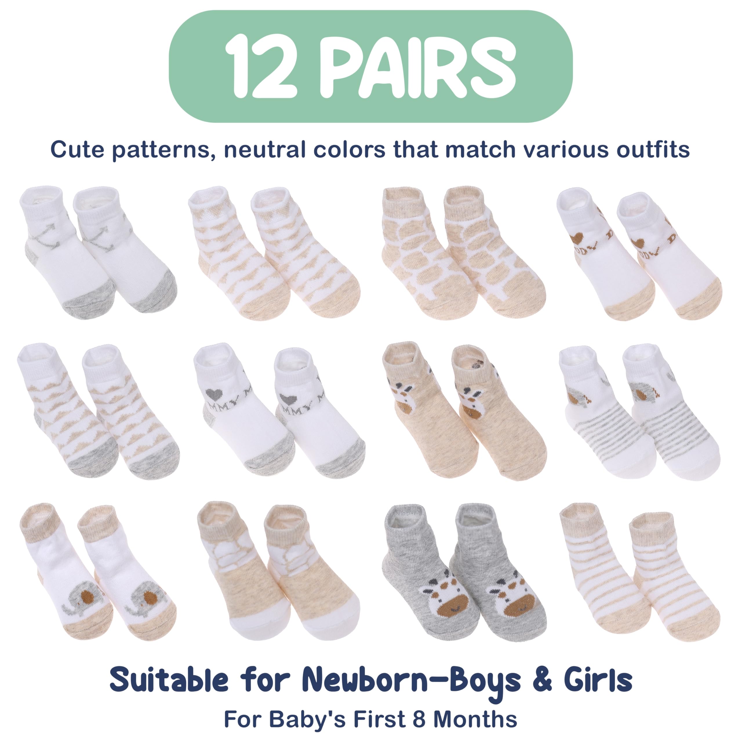 Mother's Choice Organic Cotton Baby Socks Infant 0-6 Months - 12 pairs Soft, Cozy, and Gentle Newborn Socks for Girls & Boys, Perfect Baby Gift for Everyday Wear, and Infant Comfort