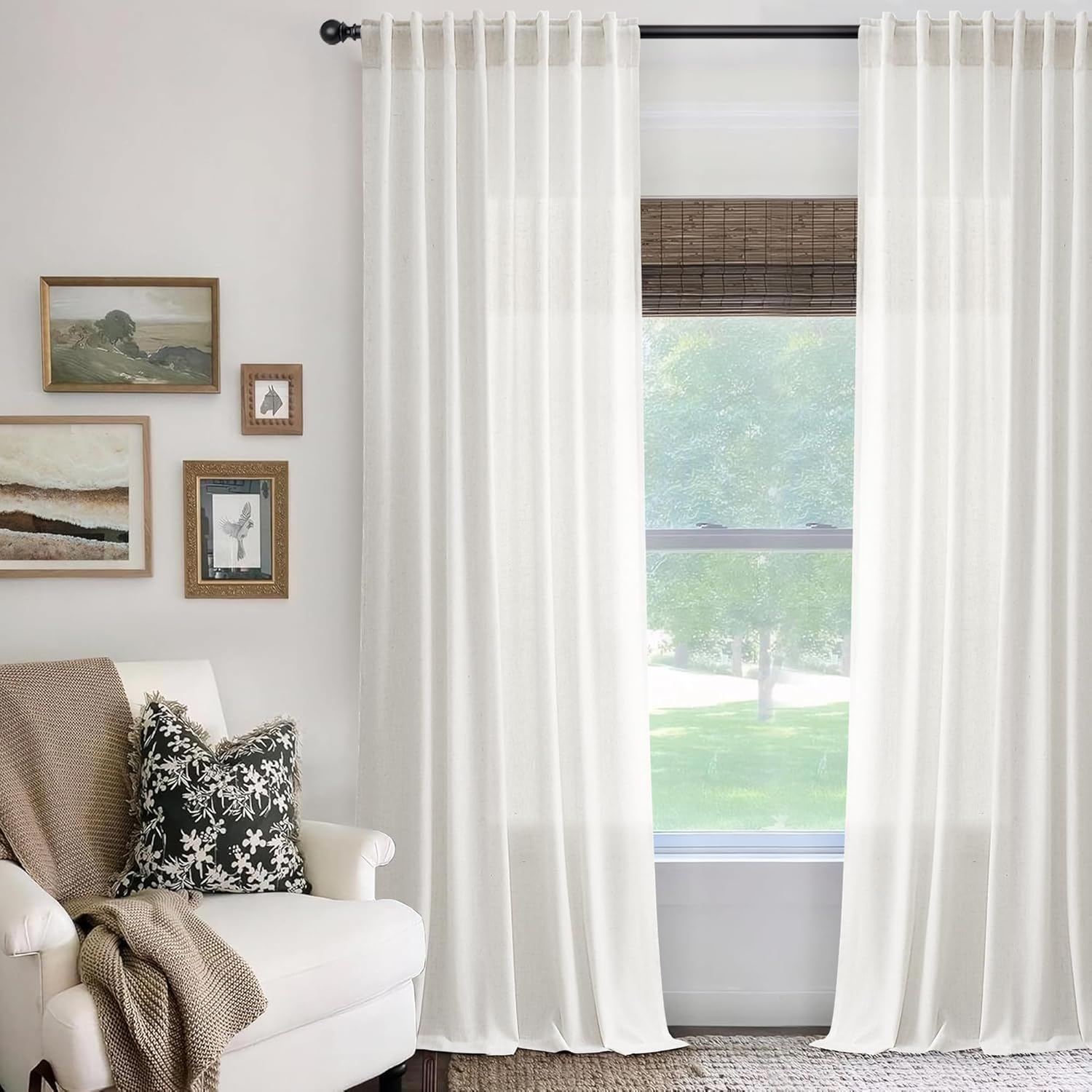 Linen White Curtains 84 inches Long for Bedroom Back Tab Privacy Light Filtering Semi Sheer White Boho Farmhouse Curtain Textured Modern Elegant Coastal Decor Curtains for Living Room