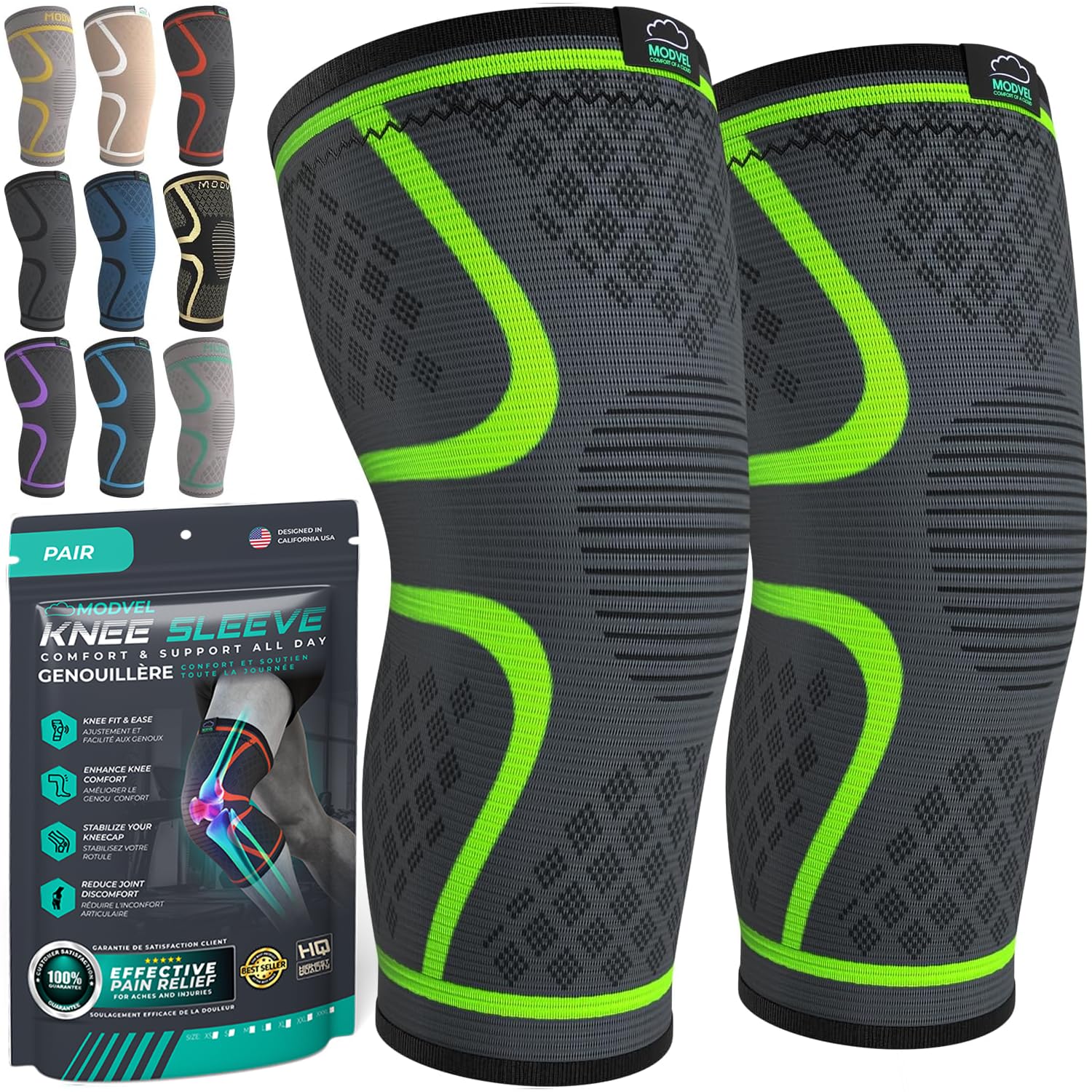 Modvel Compression Knee Brace for Women & Men, 2-Pack Knee Brace for Running Knee Pain, Knee Support Compression Sleeve, Workout Sports Knee Braces for Meniscus Tear, ACL & Arthritis Pain Relief