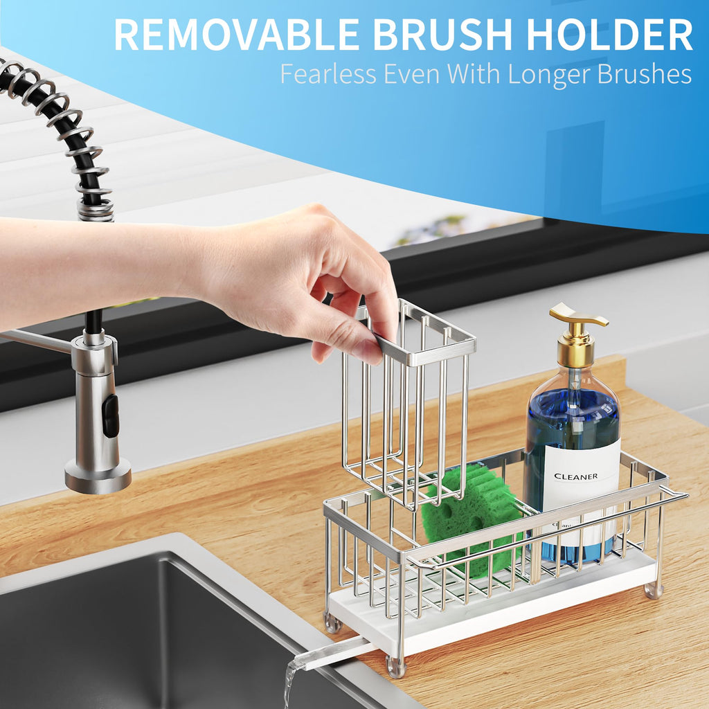 Cisily Black Sponge Holder for Kitchen Sink, Sink Caddy Organizer with High Brush Holder, Kitchen Countertop Organizers and Storage Essentials, Rustproof 304 Stainless Steel, Soap Dispenser Organize