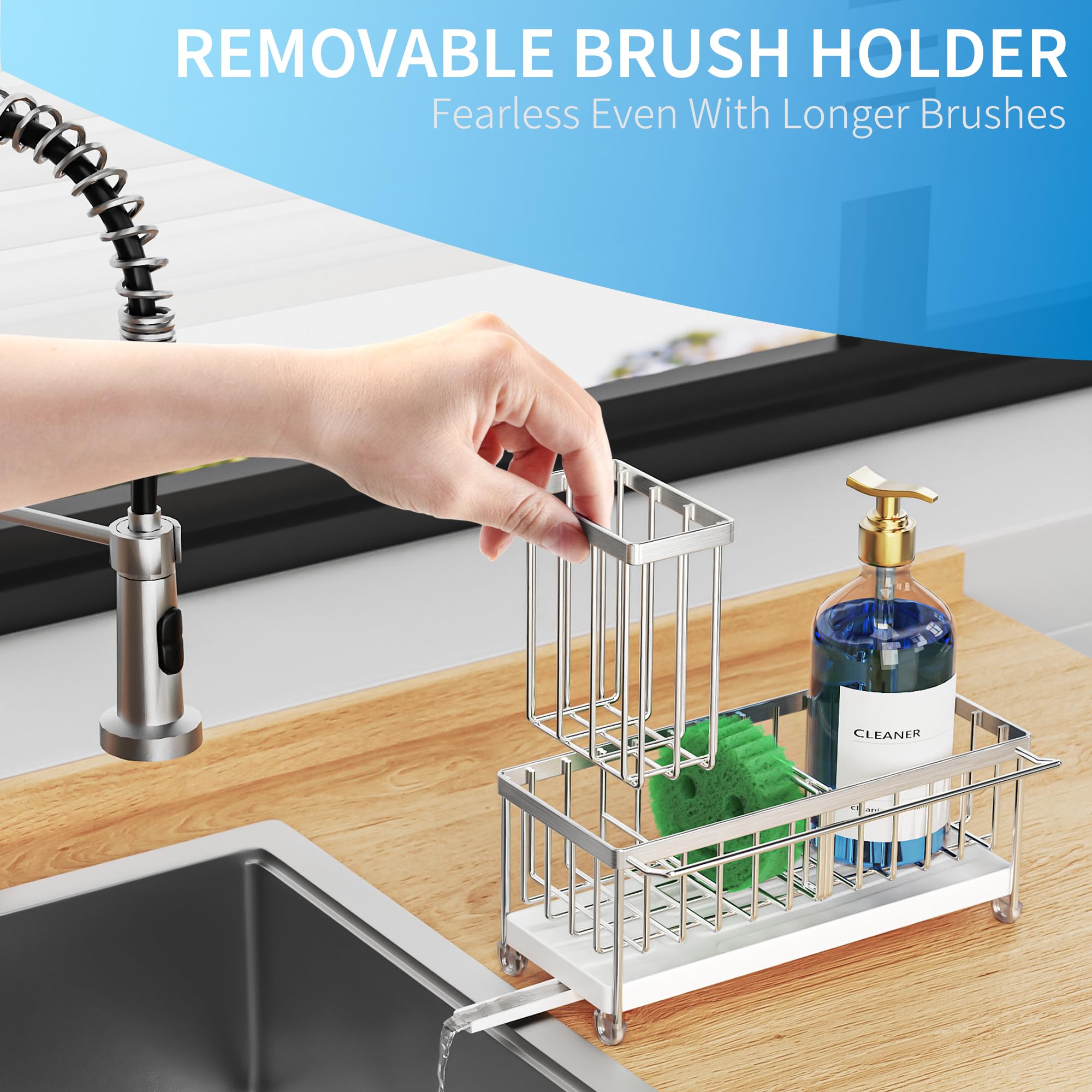 Cisily Black Sponge Holder for Kitchen Sink, Sink Caddy Organizer with High Brush Holder, Kitchen Countertop Organizers and Storage Essentials, Rustproof 304 Stainless Steel, Soap Dispenser Organize