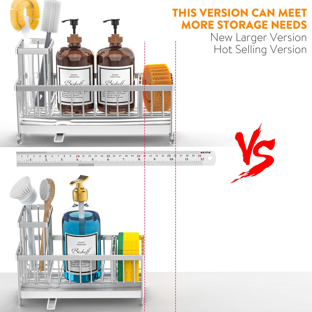 Cisily Black Sponge Holder for Kitchen Sink, Sink Caddy Organizer with High Brush Holder, Kitchen Countertop Organizers and Storage Essentials, Rustproof 304 Stainless Steel, Soap Dispenser Organize