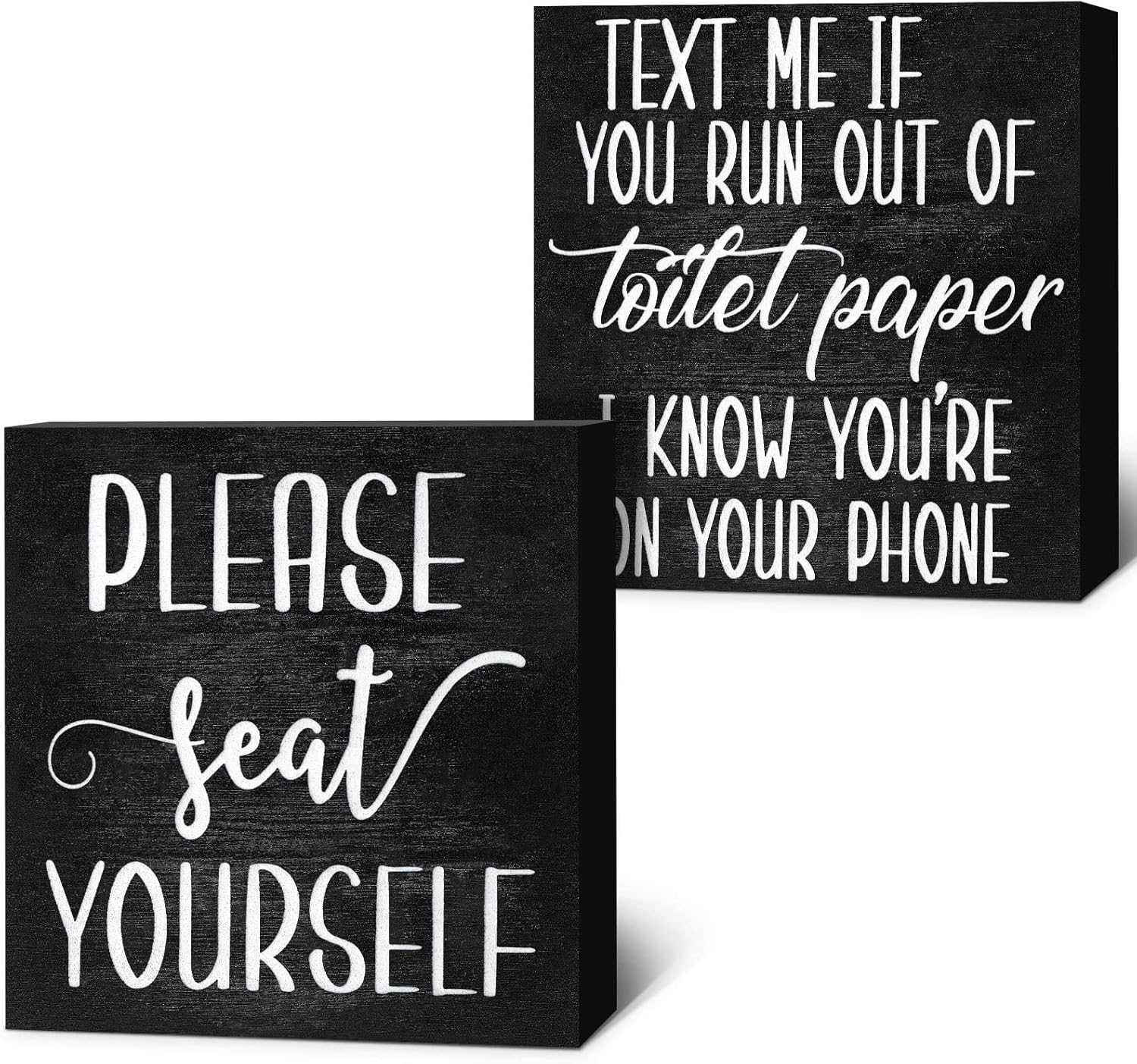 Jetec 2 Pieces Farmhouse Bathroom Signs Decor Wooden Box Sign Funny Bathroom Wall Art Rustic Wood Plaque Please Seat Yourself Decor for Home Restroom(Black)