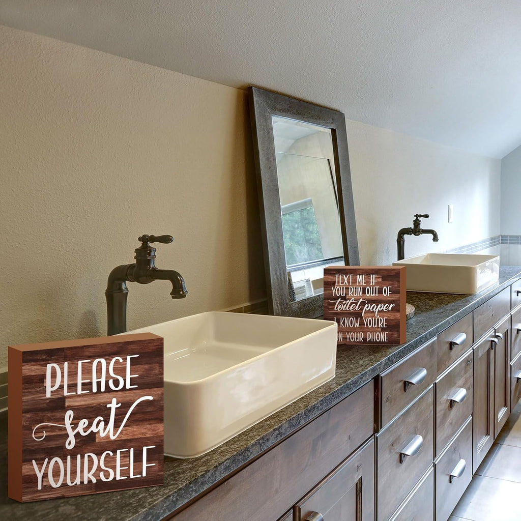 Jetec 2 Pieces Farmhouse Bathroom Signs Decor Wooden Box Sign Funny Bathroom Wall Art Rustic Wood Plaque Please Seat Yourself Decor for Home Restroom(Black)