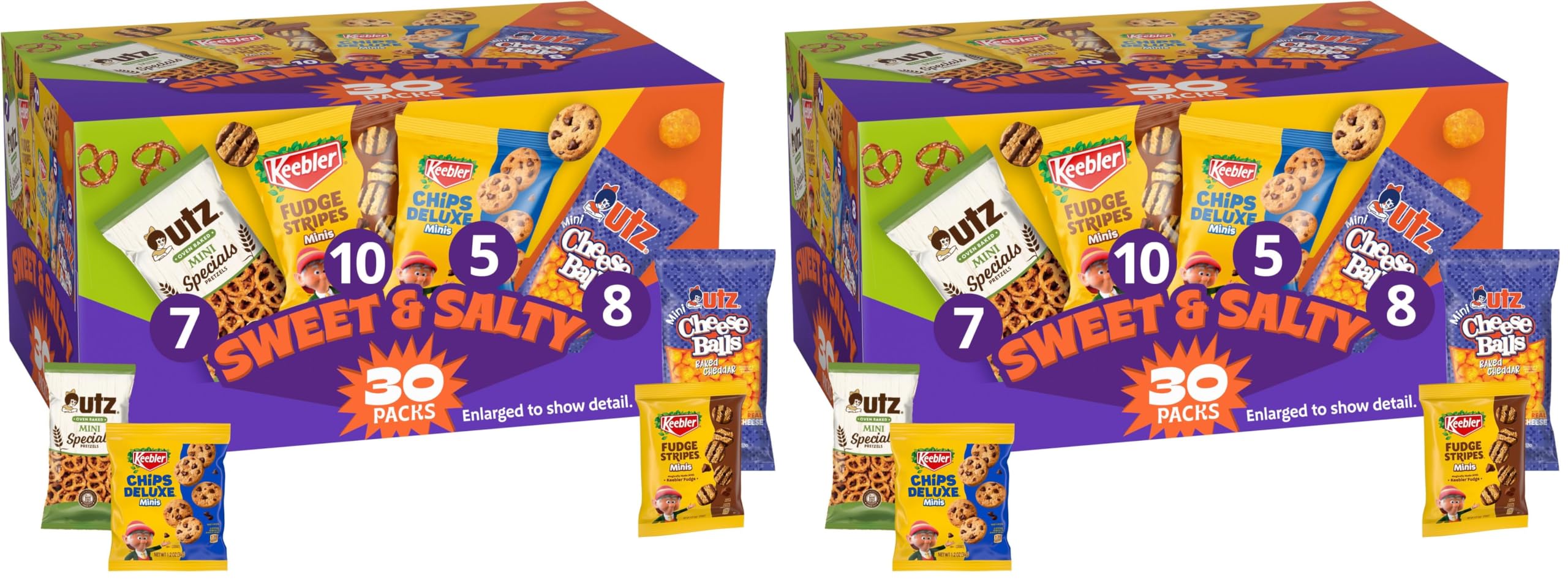 Keebler Sweet & Salty Variety Pack, 30-Count Box, Includes Keebler Chips Deluxe, Fudge Stripes, Utz mini Pretzels and Cheese Balls, 31 oz