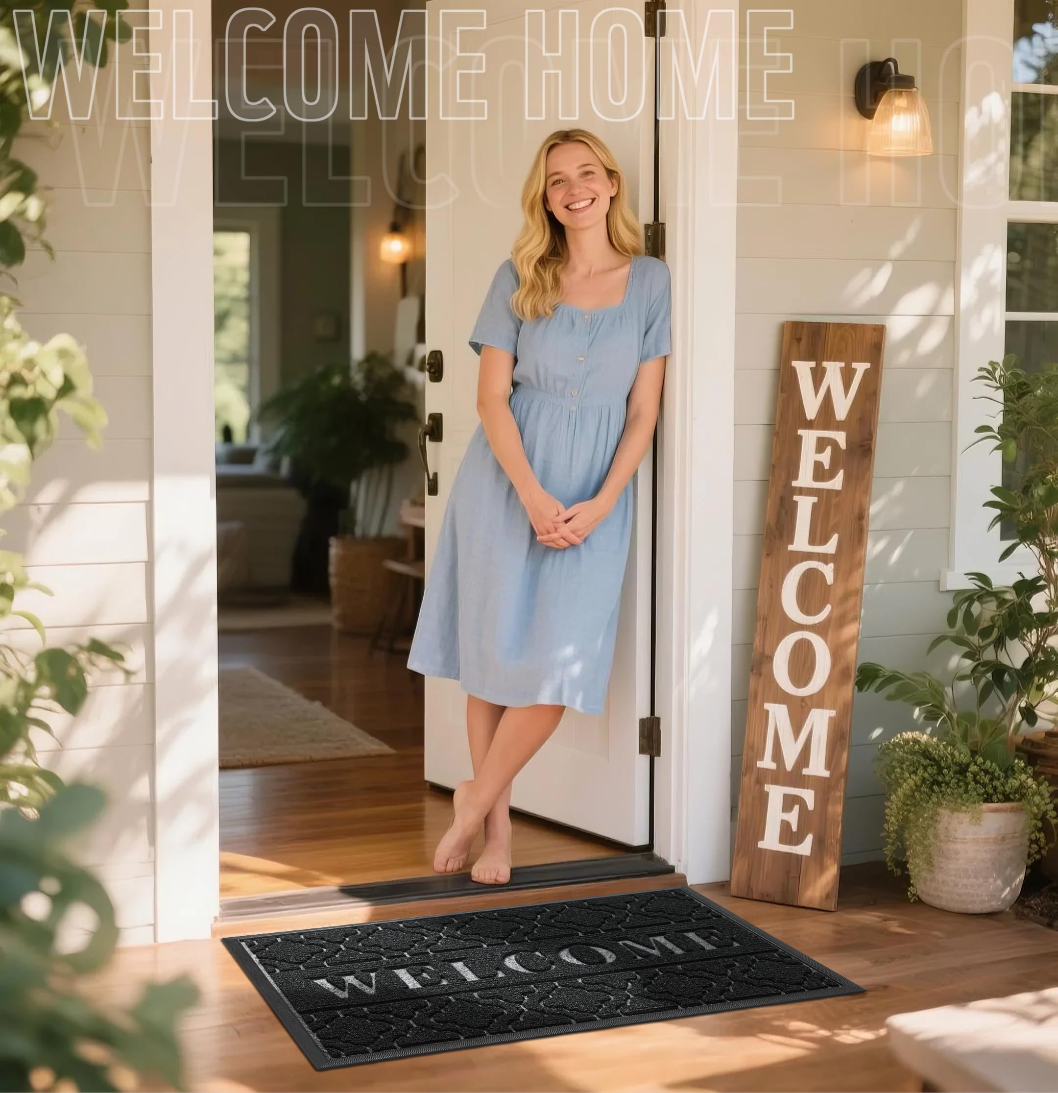 Yimobra Welcome Mat Outdoor Indoor, All-Weather Waterproof Front Door Mat Outside Entrance, Non-Slip Low Profile Porch Patio Doormat, 29.5x17, Black