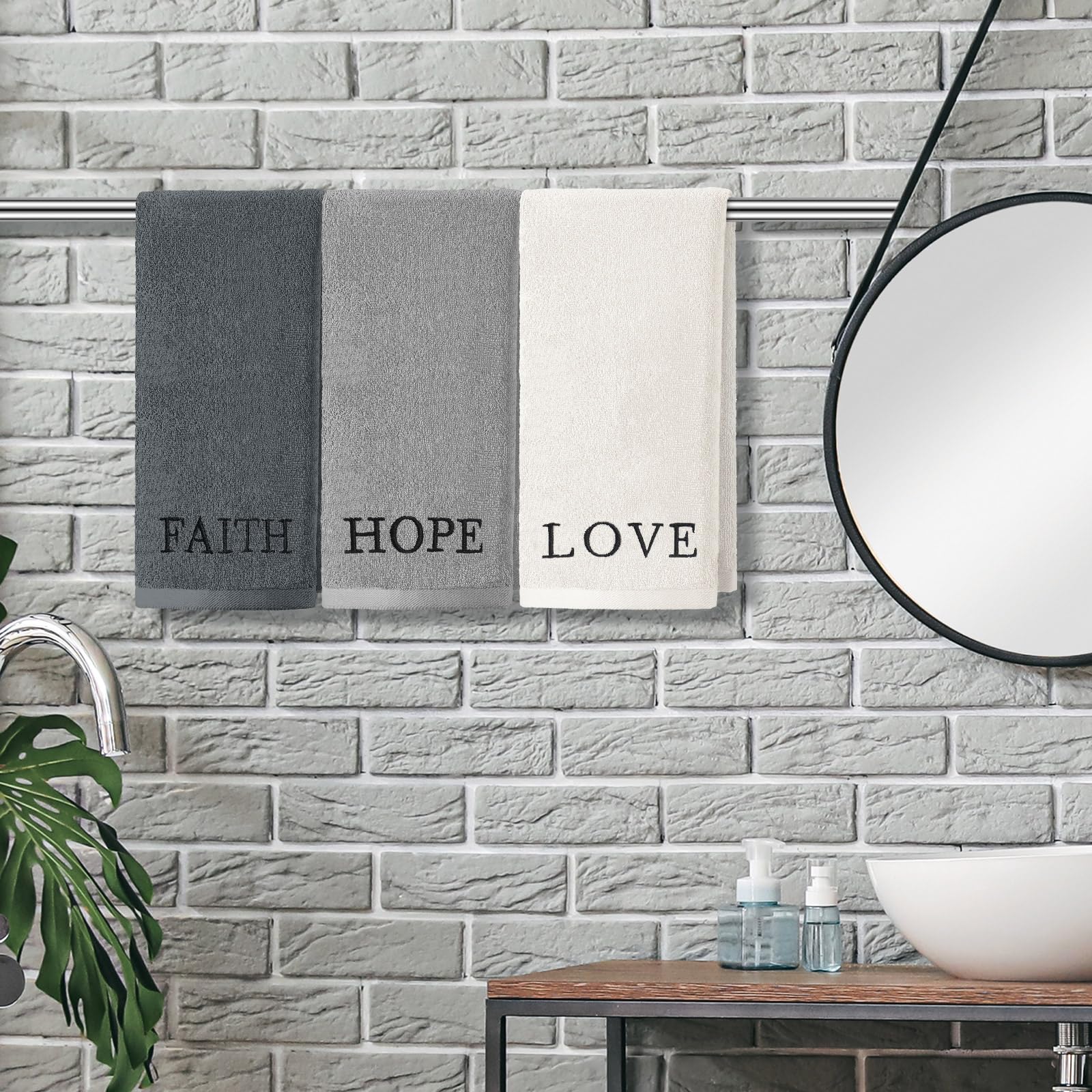 3 Pcs Home Love Family Hand Towels Farmhouse Decorative Embroidered Bathroom Hand Towels Rustic 100% Cotton Brown Hand Towels Set for Boho Bathroom Kitchen Decor