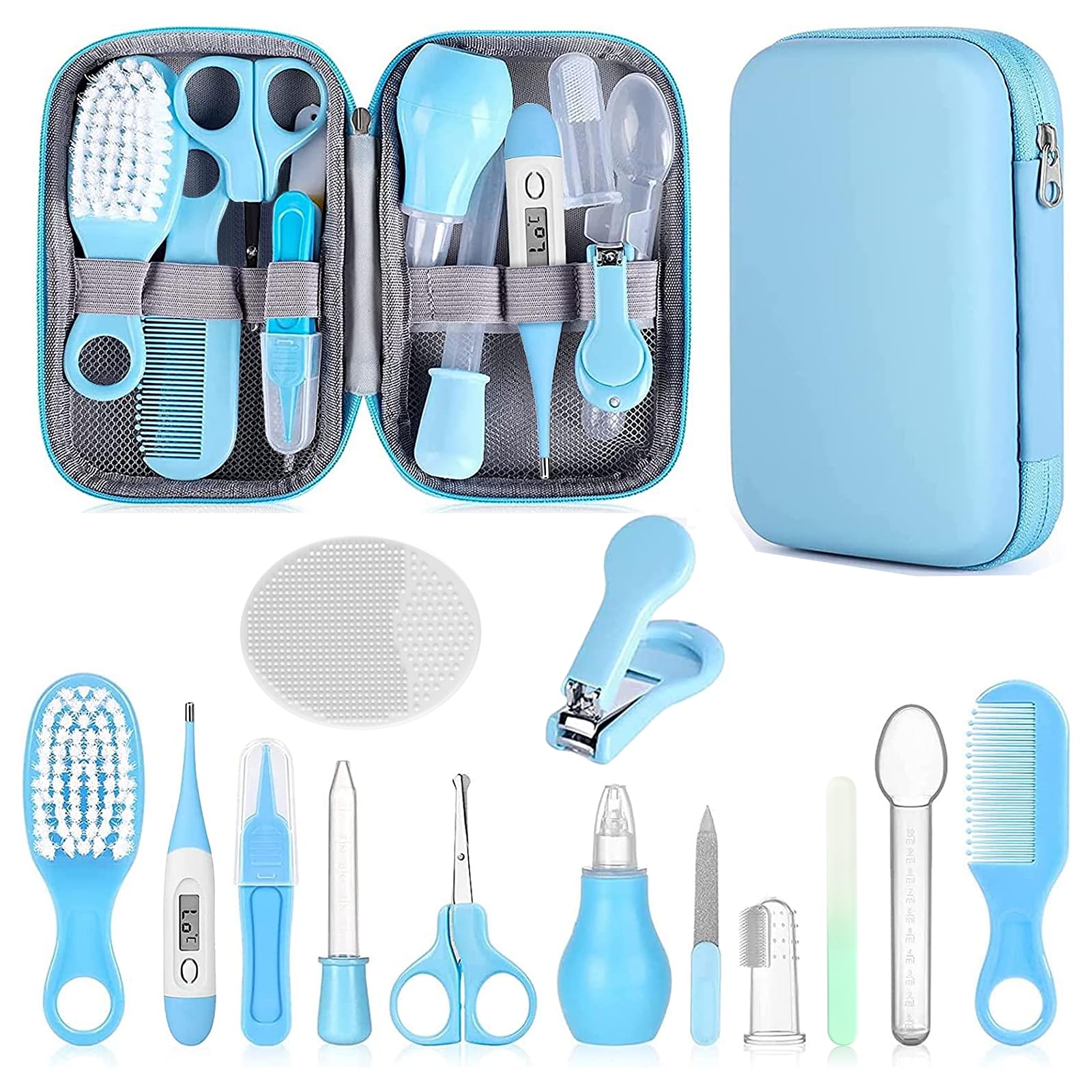 Baby Grooming Kit, Infant Safety Care Set with Hair Brush Comb Nail Clipper Nasal Aspirator,Baby Essentials Kit for Newborn Girls Boys (Grey White)