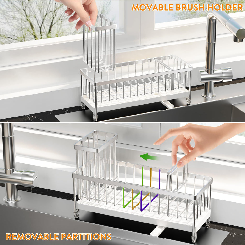 Cisily Black Sponge Holder for Kitchen Sink, Sink Caddy Organizer with High Brush Holder, Kitchen Countertop Organizers and Storage Essentials, Rustproof 304 Stainless Steel, Soap Dispenser Organize