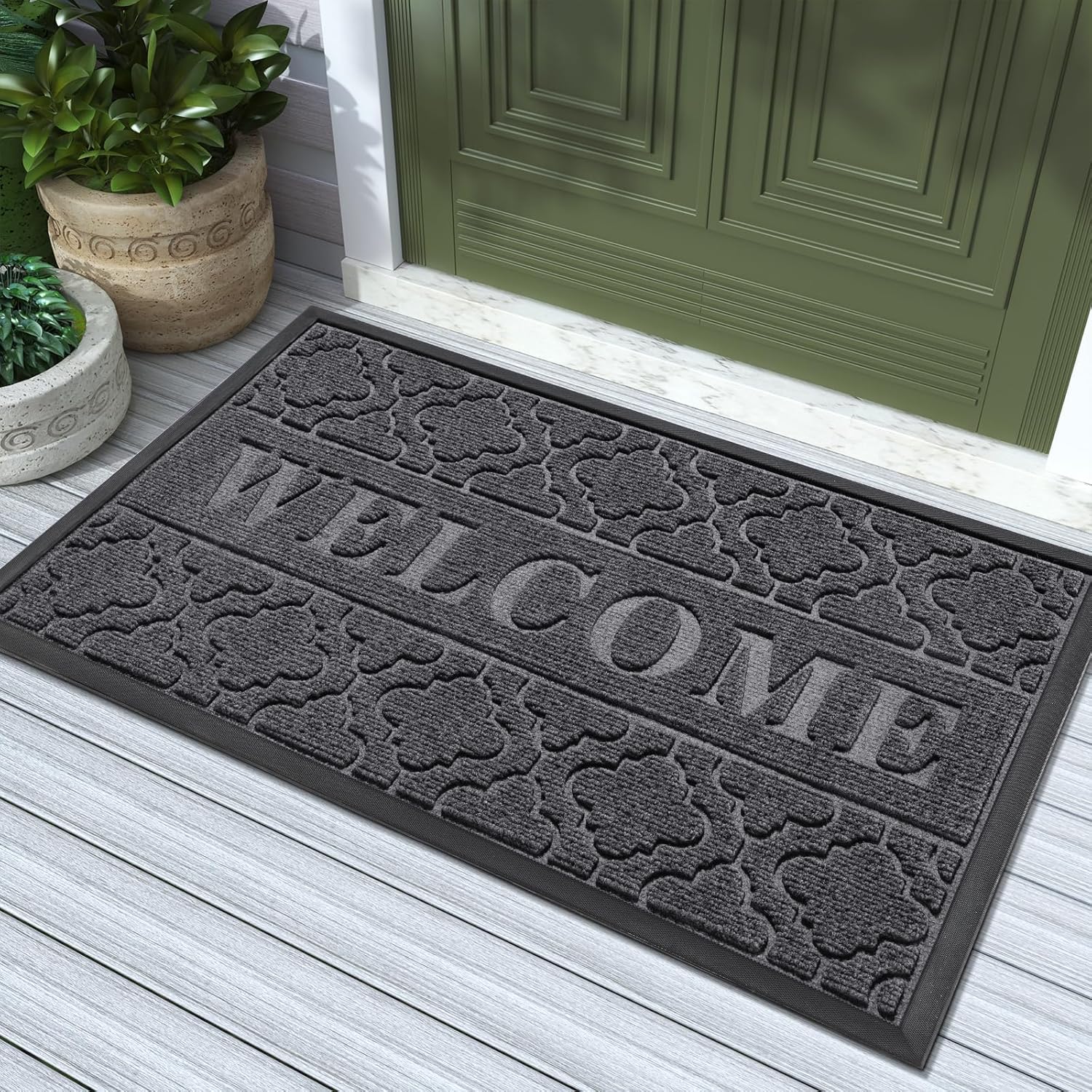 Yimobra Welcome Mat Outdoor Indoor, All-Weather Waterproof Front Door Mat Outside Entrance, Non-Slip Low Profile Porch Patio Doormat, 29.5x17, Black