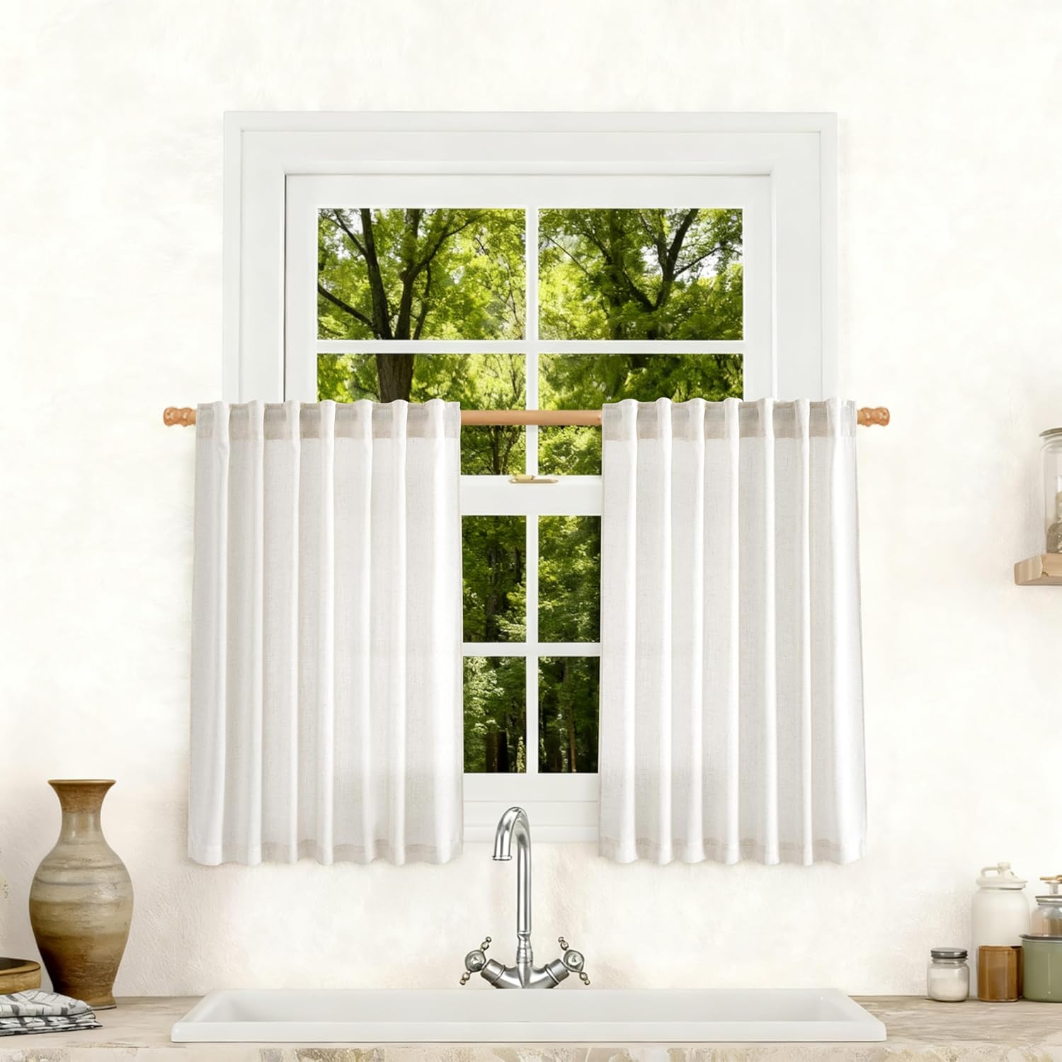 Rustic Brown Linen Back Tab Curtains 84 Inch Length for Living Room 2 Panel Pocket Drape Light Filtering Semi Sheer Cream Country Rustic Farmhouse Boho Curtain Bedroom Pinch Pleated Look