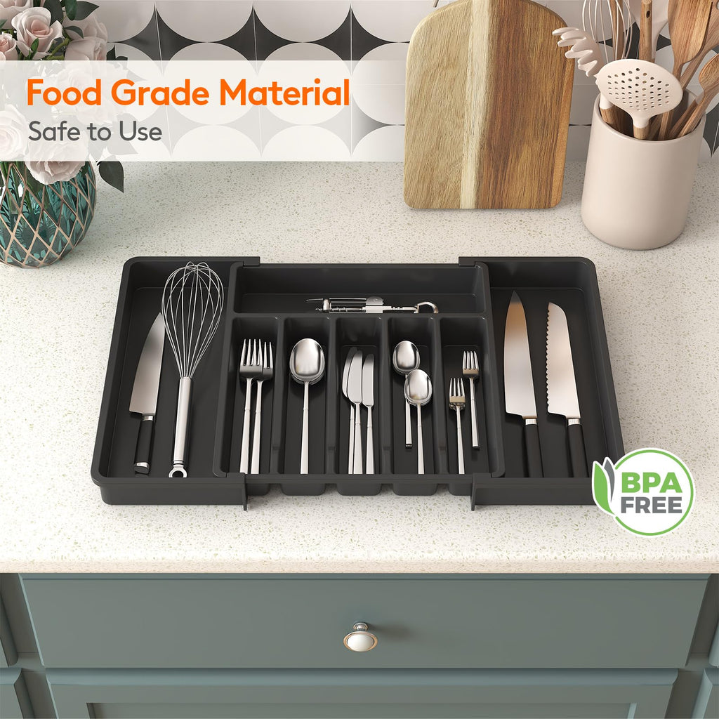 Lifewit Silverware Drawer Organizer, Expandable Utensil Tray for Kitchen, BPA Free Flatware and Cutlery Holder, Adjustable Plastic Storage for Spoons Forks Knives, 8.5"-14.1" x 12.1", Black