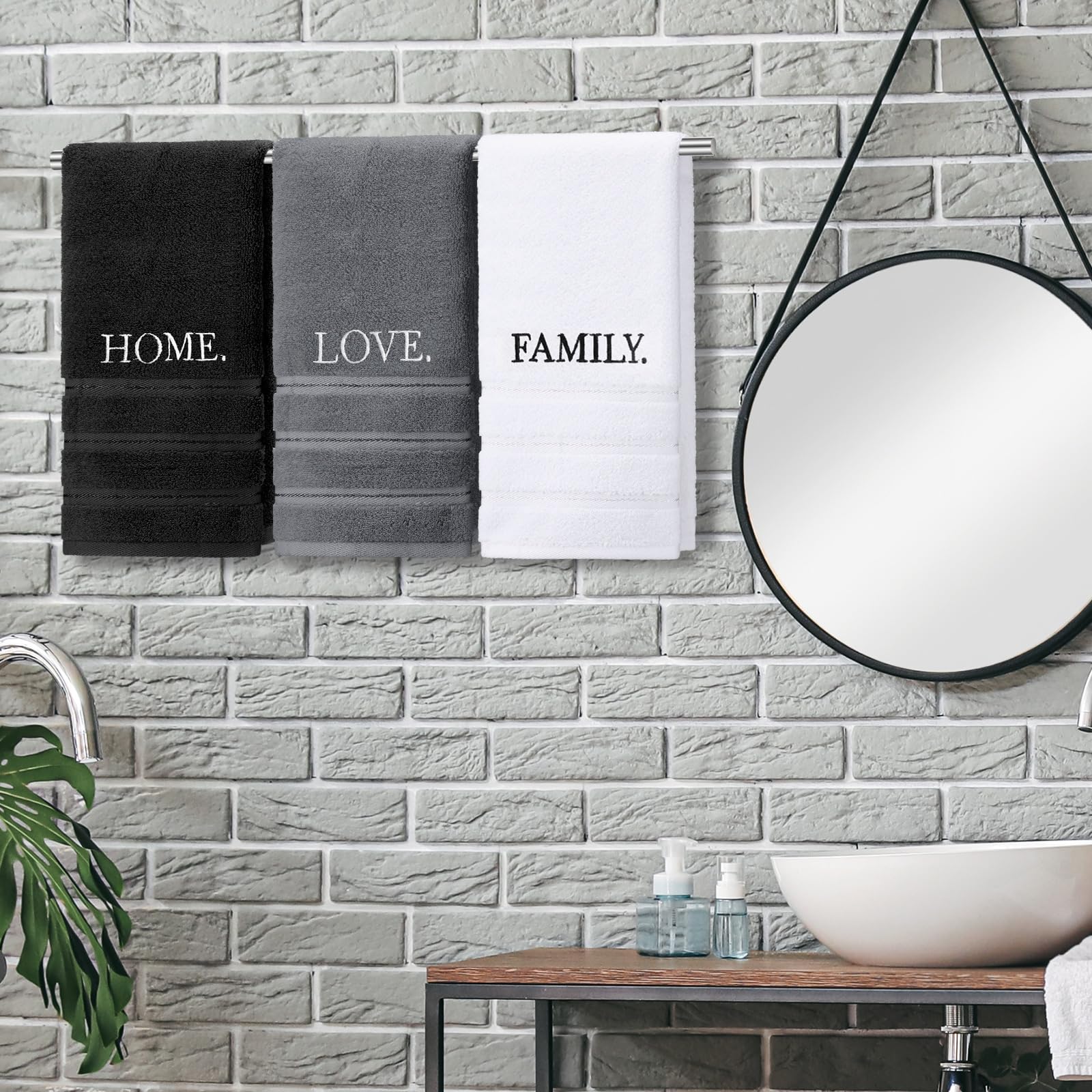 3 Pcs Home Love Family Hand Towels Farmhouse Decorative Embroidered Bathroom Hand Towels Rustic 100% Cotton Brown Hand Towels Set for Boho Bathroom Kitchen Decor