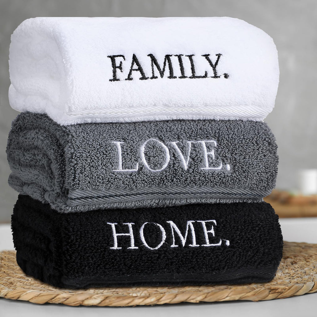 3 Pcs Home Love Family Hand Towels Farmhouse Decorative Embroidered Bathroom Hand Towels Rustic 100% Cotton Brown Hand Towels Set for Boho Bathroom Kitchen Decor