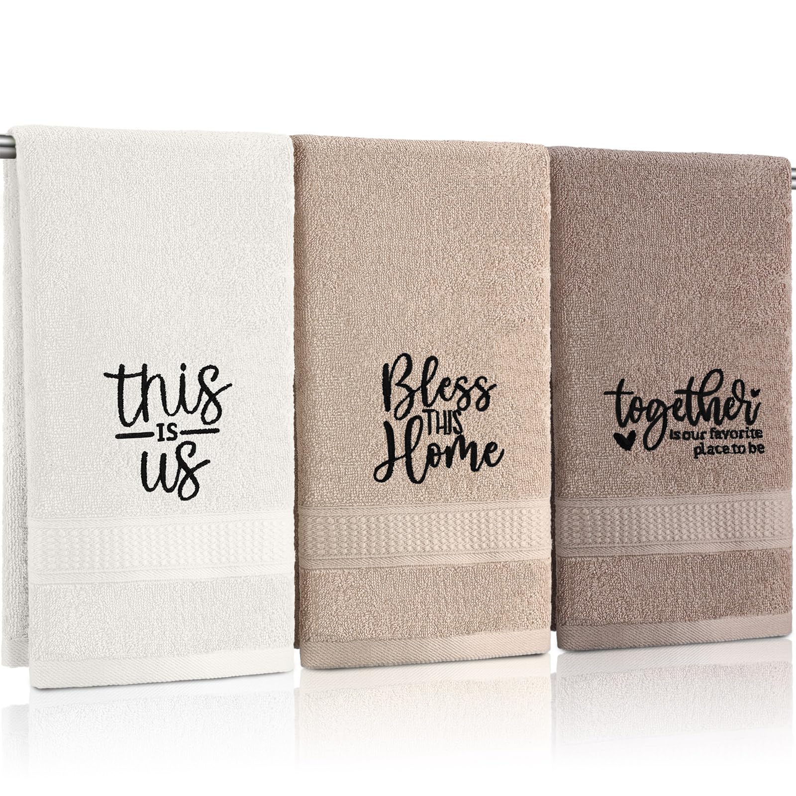 3 Pcs Home Love Family Hand Towels Farmhouse Decorative Embroidered Bathroom Hand Towels Rustic 100% Cotton Brown Hand Towels Set for Boho Bathroom Kitchen Decor