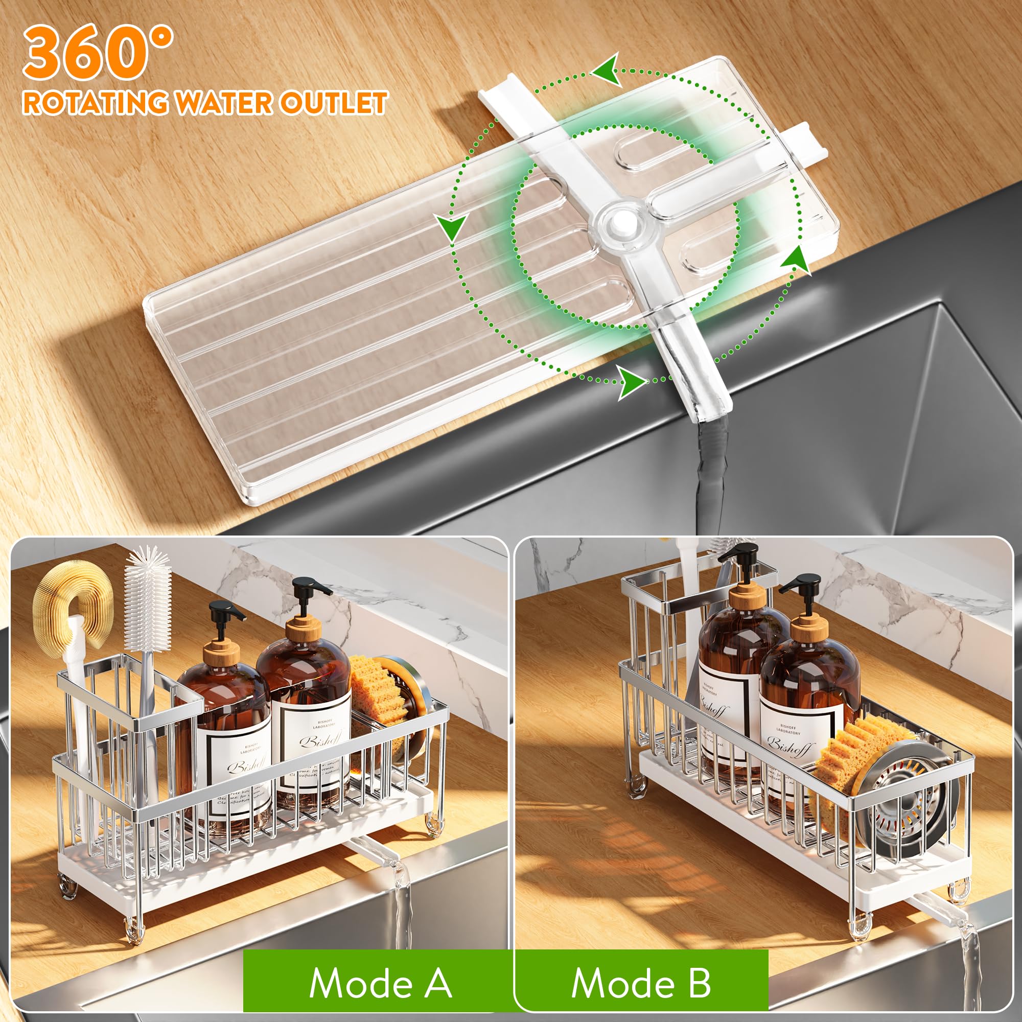 Cisily Black Sponge Holder for Kitchen Sink, Sink Caddy Organizer with High Brush Holder, Kitchen Countertop Organizers and Storage Essentials, Rustproof 304 Stainless Steel, Soap Dispenser Organize