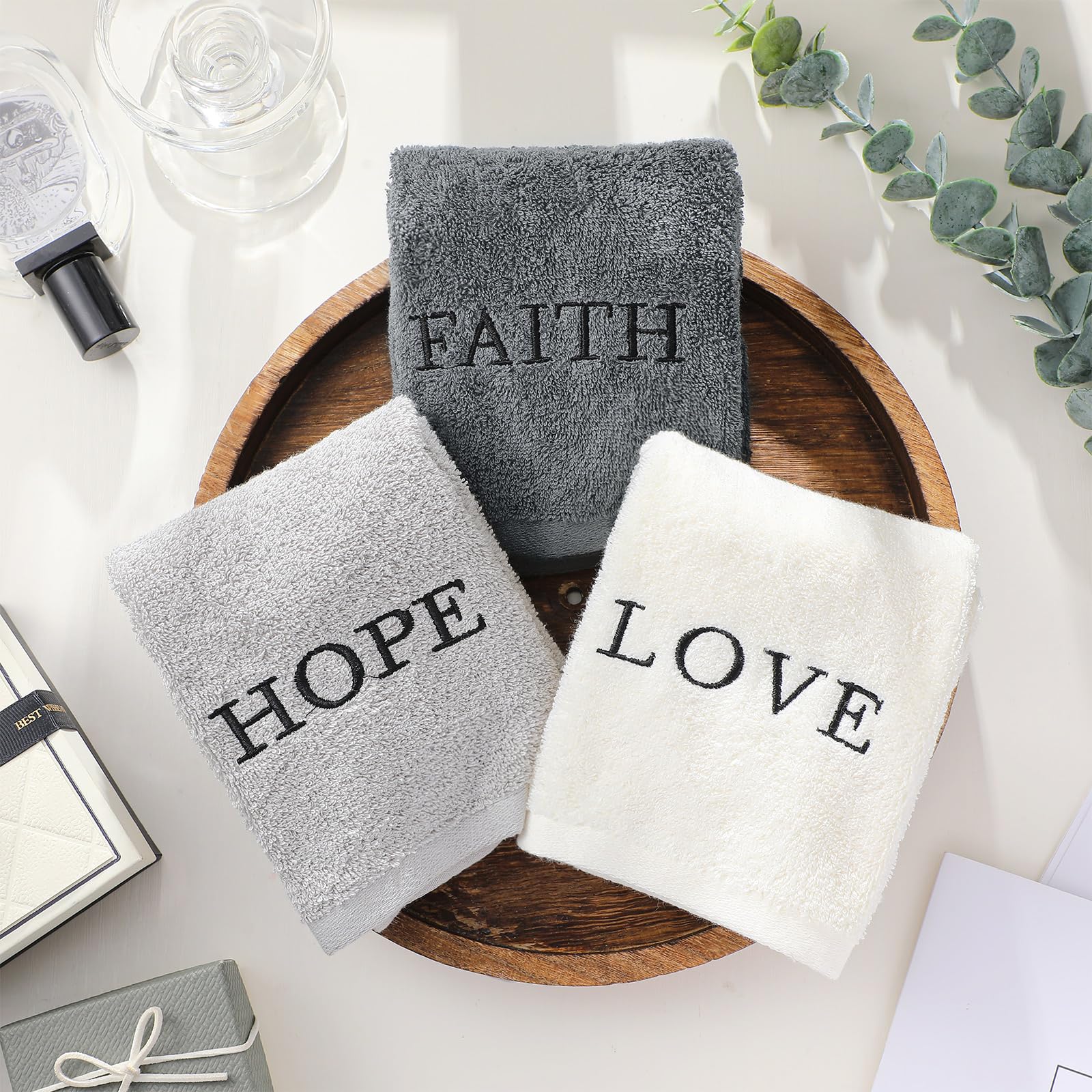 3 Pcs Home Love Family Hand Towels Farmhouse Decorative Embroidered Bathroom Hand Towels Rustic 100% Cotton Brown Hand Towels Set for Boho Bathroom Kitchen Decor