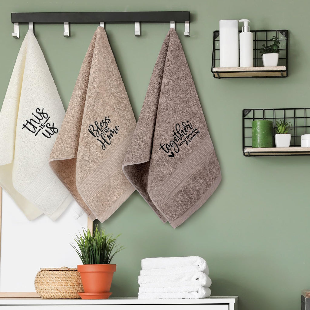 3 Pcs Home Love Family Hand Towels Farmhouse Decorative Embroidered Bathroom Hand Towels Rustic 100% Cotton Brown Hand Towels Set for Boho Bathroom Kitchen Decor