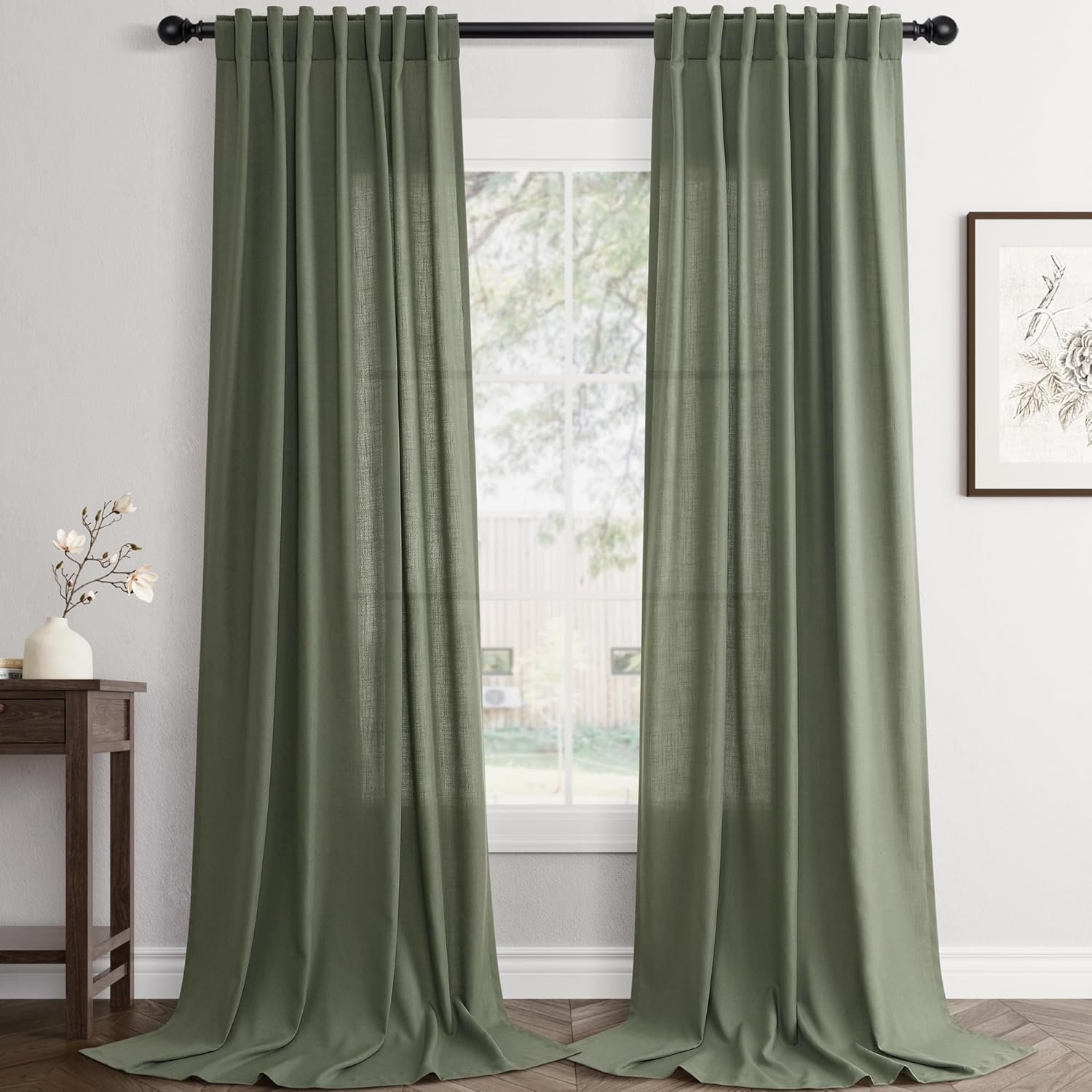Rustic Brown Linen Back Tab Curtains 84 Inch Length for Living Room 2 Panel Pocket Drape Light Filtering Semi Sheer Cream Country Rustic Farmhouse Boho Curtain Bedroom Pinch Pleated Look