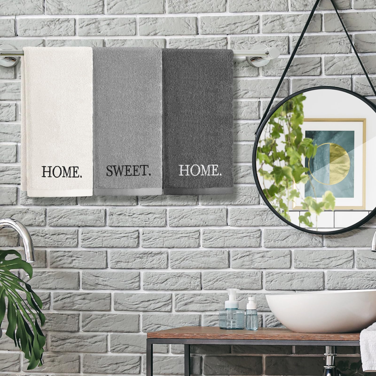 3 Pcs Home Love Family Hand Towels Farmhouse Decorative Embroidered Bathroom Hand Towels Rustic 100% Cotton Brown Hand Towels Set for Boho Bathroom Kitchen Decor