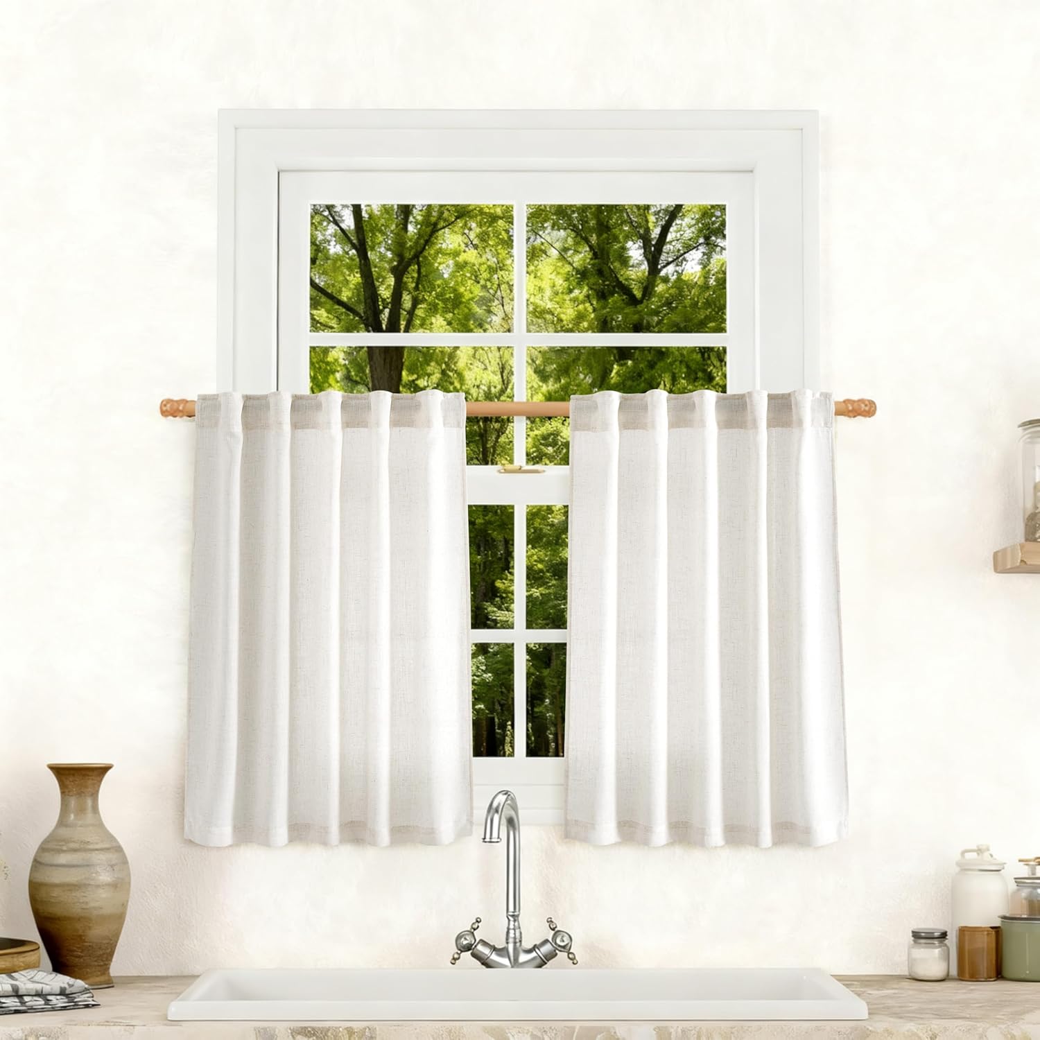 Linen White Curtains 84 inches Long for Bedroom Back Tab Privacy Light Filtering Semi Sheer White Boho Farmhouse Curtain Textured Modern Elegant Coastal Decor Curtains for Living Room