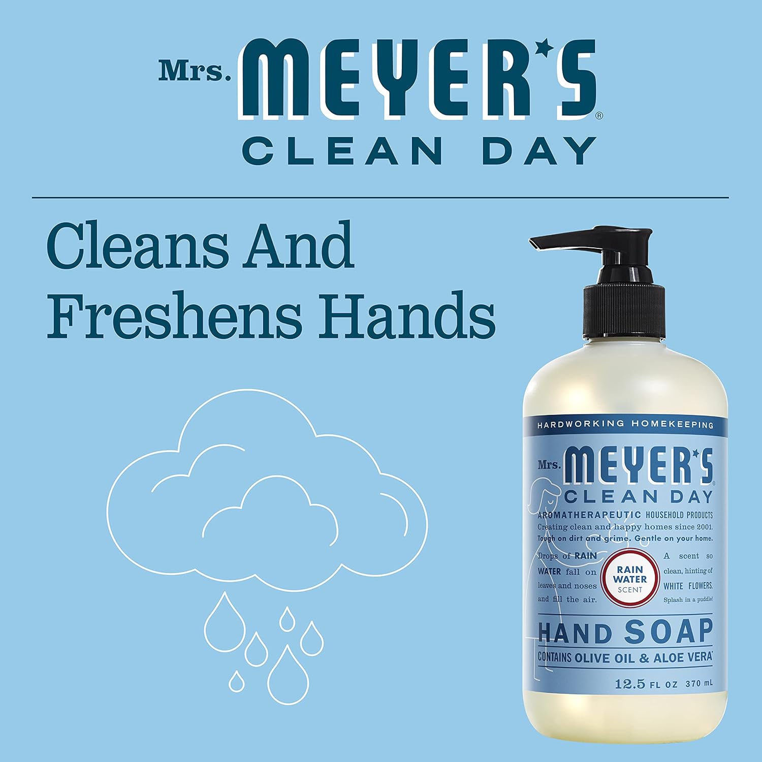 MRS. MEYER'S CLEAN DAY Hand Soap, Made with Essential Oils, Rain Water, 12.5 fl. oz - Pack of 3