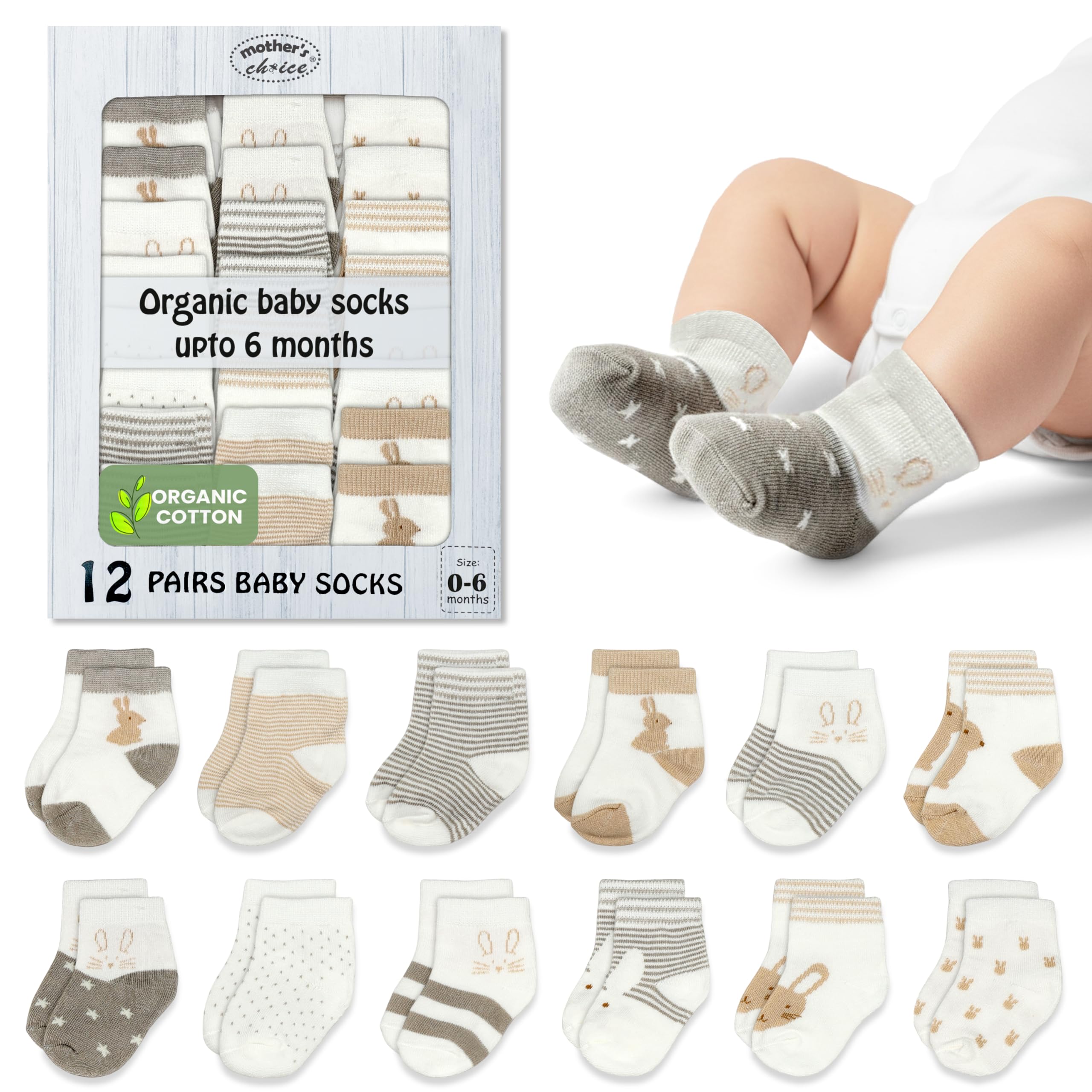 Mother's Choice Organic Cotton Baby Socks Infant 0-6 Months - 12 pairs Soft, Cozy, and Gentle Newborn Socks for Girls & Boys, Perfect Baby Gift for Everyday Wear, and Infant Comfort
