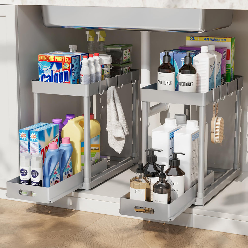 POUGNY 2 Pack Pull-Out Storage Organizers, Under Sink Organizer and Storage for Bathroom & Kitchen,Multi-Purpose Under Cabinet Organizers and storage Black