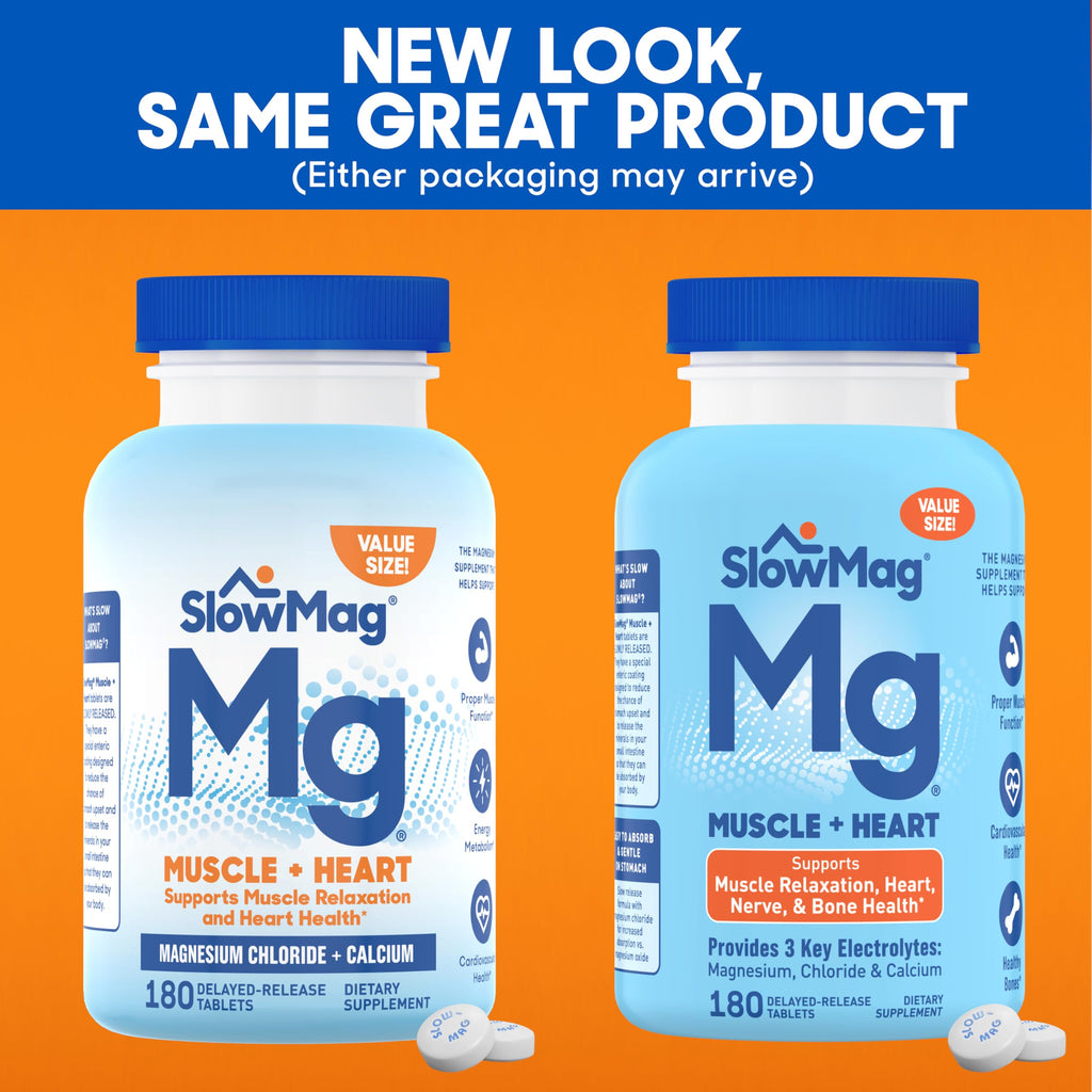 SlowMag Muscle & Heart Magnesium Chloride Supplement with Calcium, 180 Count, Supports Muscle Relaxation, Heart, Nerve & Bone Health, High Absorption