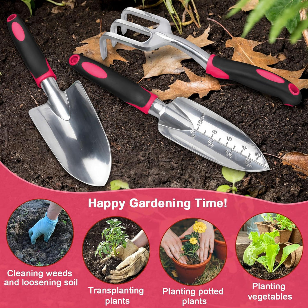 Garden Tools Set, 3 Pack Heavy Duty Gardening Tools Set Include Garden Shovel, Transplant Trowel and Hand Rake with Ergonomic Non-Slip Handle, Aluminum Alloy Lawn and Garden Hand Tools for Planting
