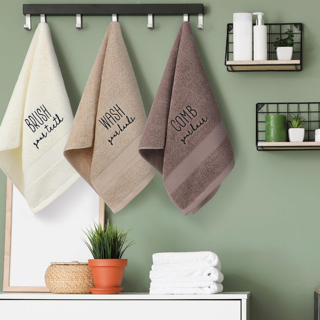 3 Pcs Home Love Family Hand Towels Farmhouse Decorative Embroidered Bathroom Hand Towels Rustic 100% Cotton Brown Hand Towels Set for Boho Bathroom Kitchen Decor
