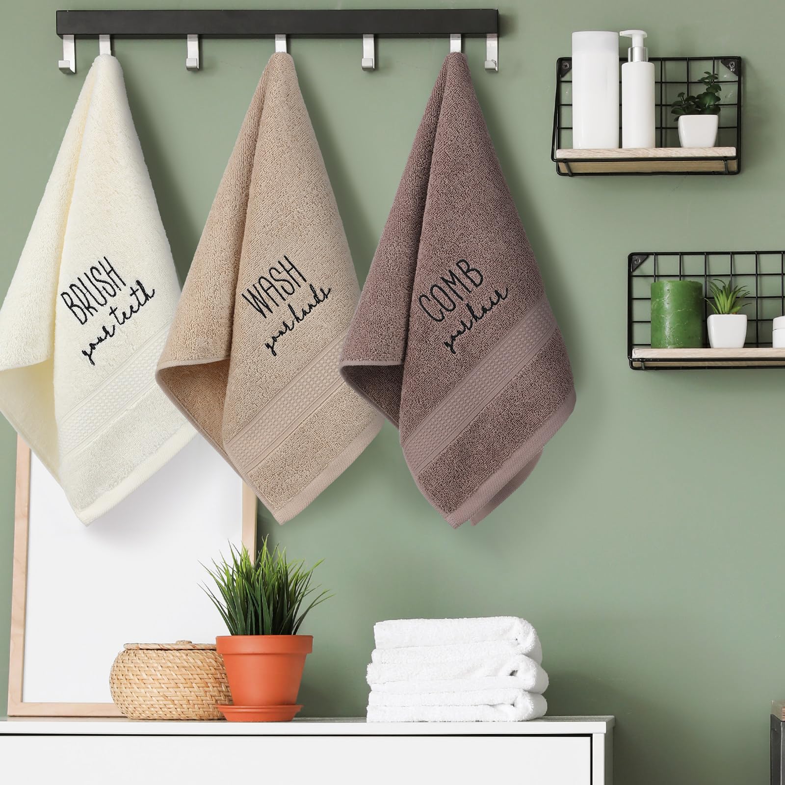 3 Pcs Home Love Family Hand Towels Farmhouse Decorative Embroidered Bathroom Hand Towels Rustic 100% Cotton Brown Hand Towels Set for Boho Bathroom Kitchen Decor