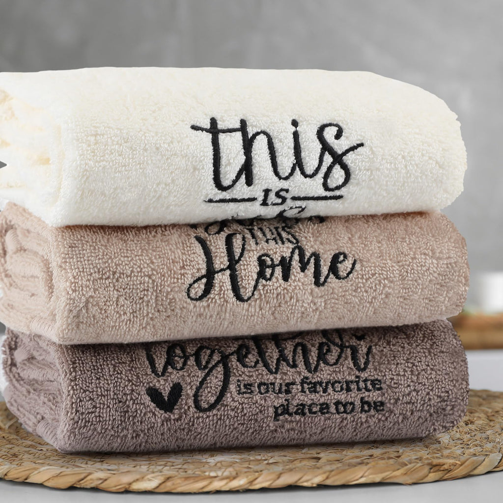 3 Pcs Home Love Family Hand Towels Farmhouse Decorative Embroidered Bathroom Hand Towels Rustic 100% Cotton Brown Hand Towels Set for Boho Bathroom Kitchen Decor