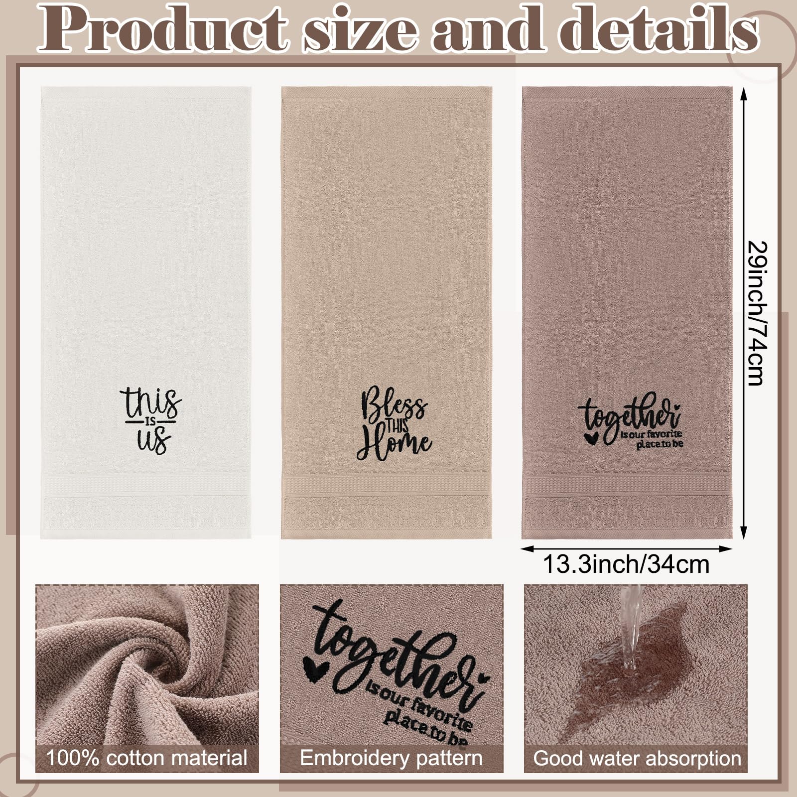 3 Pcs Home Love Family Hand Towels Farmhouse Decorative Embroidered Bathroom Hand Towels Rustic 100% Cotton Brown Hand Towels Set for Boho Bathroom Kitchen Decor