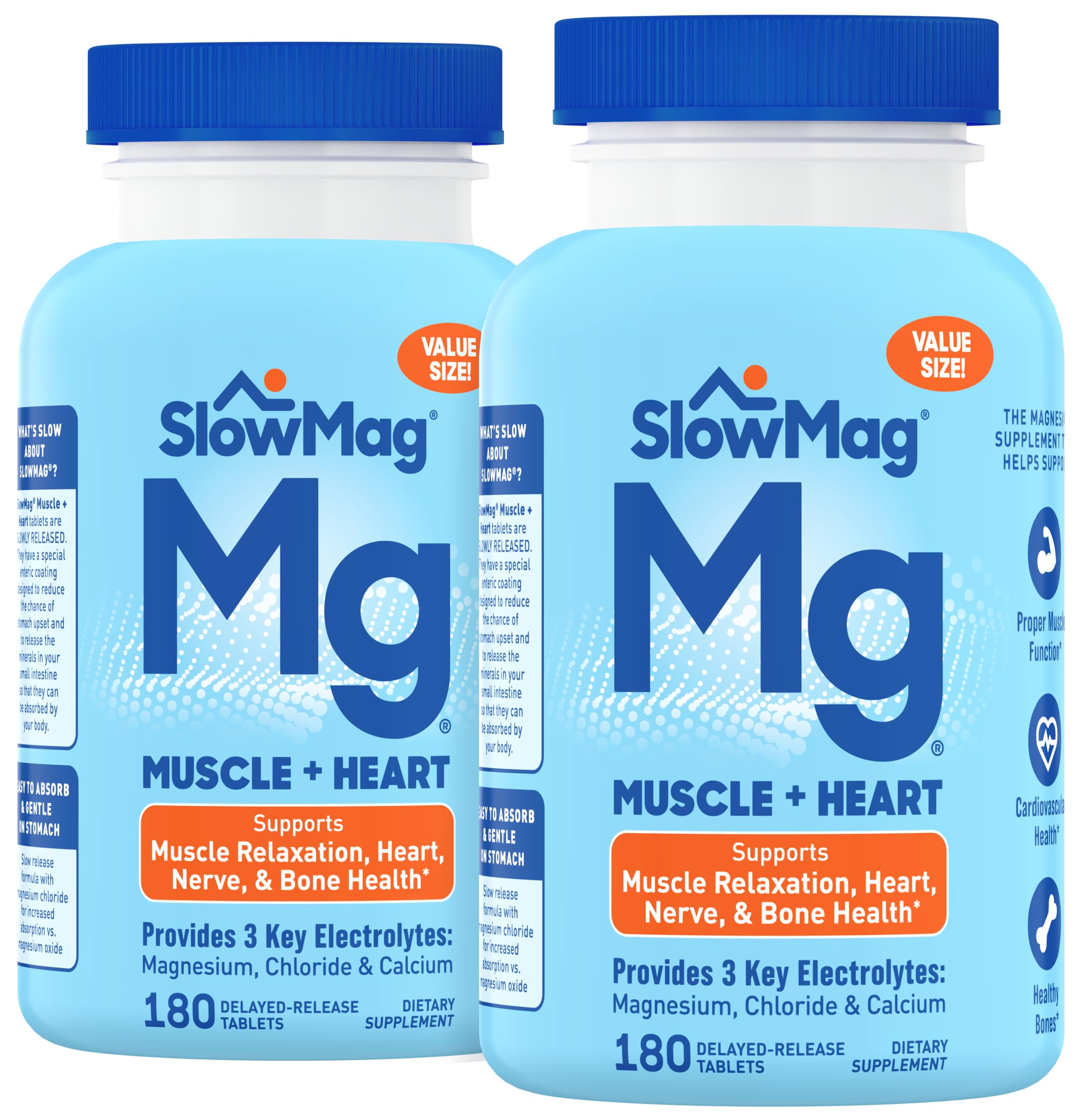 SlowMag Muscle & Heart Magnesium Chloride Supplement with Calcium, 180 Count, Supports Muscle Relaxation, Heart, Nerve & Bone Health, High Absorption