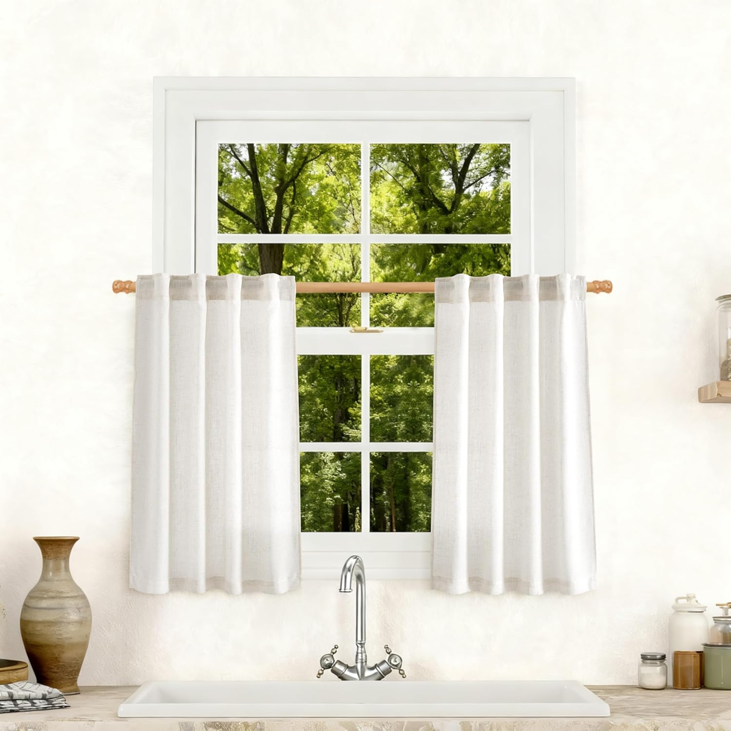 Rustic Brown Linen Back Tab Curtains 84 Inch Length for Living Room 2 Panel Pocket Drape Light Filtering Semi Sheer Cream Country Rustic Farmhouse Boho Curtain Bedroom Pinch Pleated Look