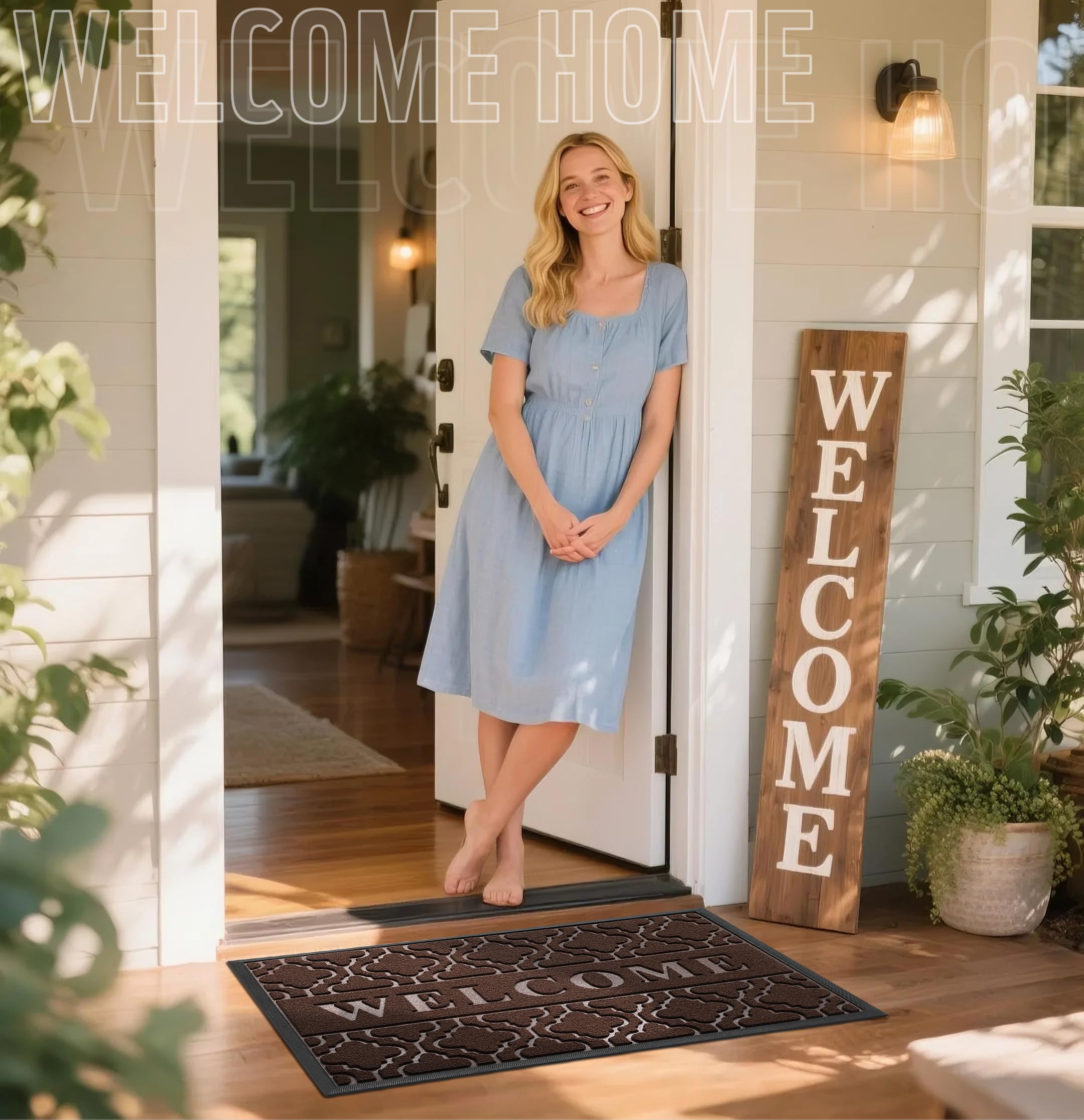 Yimobra Welcome Mat Outdoor Indoor, All-Weather Waterproof Front Door Mat Outside Entrance, Non-Slip Low Profile Porch Patio Doormat, 29.5x17, Black