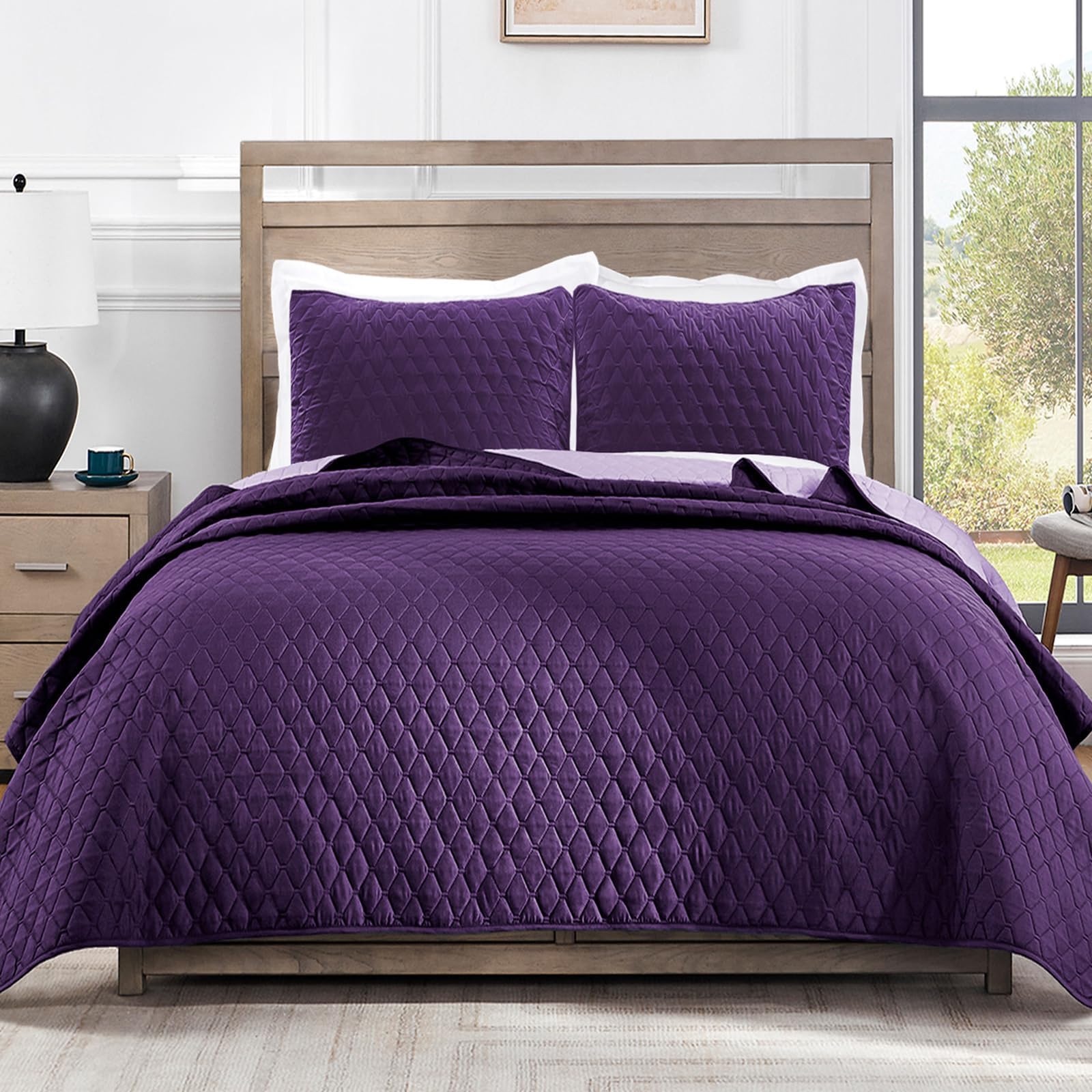 Exclusivo Mezcla Reversible Full Queen Quilt Bedding Set with Pillow Shams, Lightweight Quilts Queen Size, Soft Bedspreads Bed Coverlets for All Seasons - (Lilac Ash, 90"x96")