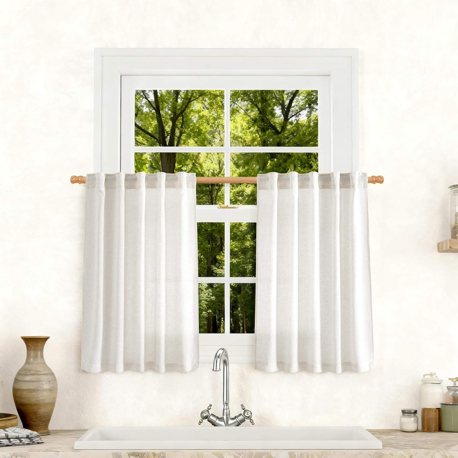 Linen White Curtains 84 inches Long for Bedroom Back Tab Privacy Light Filtering Semi Sheer White Boho Farmhouse Curtain Textured Modern Elegant Coastal Decor Curtains for Living Room