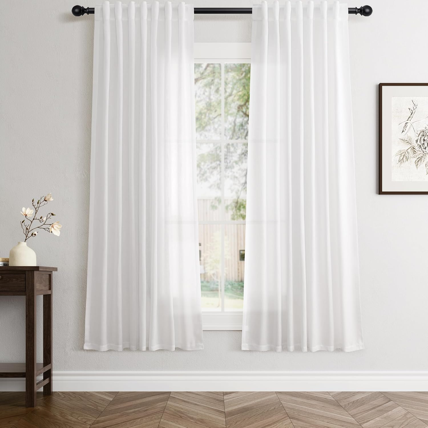 Rustic Brown Linen Back Tab Curtains 84 Inch Length for Living Room 2 Panel Pocket Drape Light Filtering Semi Sheer Cream Country Rustic Farmhouse Boho Curtain Bedroom Pinch Pleated Look