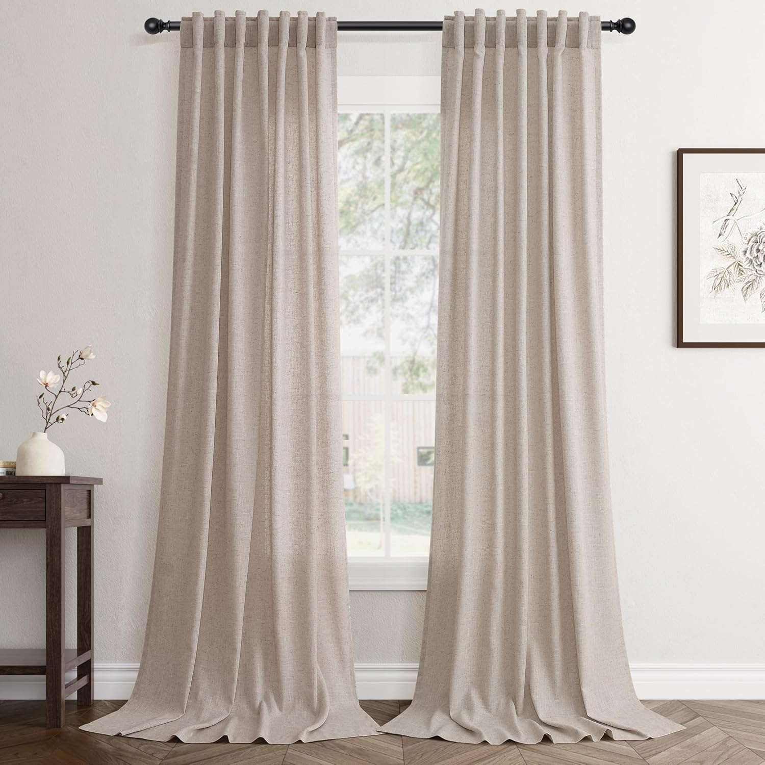 Rustic Brown Linen Back Tab Curtains 84 Inch Length for Living Room 2 Panel Pocket Drape Light Filtering Semi Sheer Cream Country Rustic Farmhouse Boho Curtain Bedroom Pinch Pleated Look