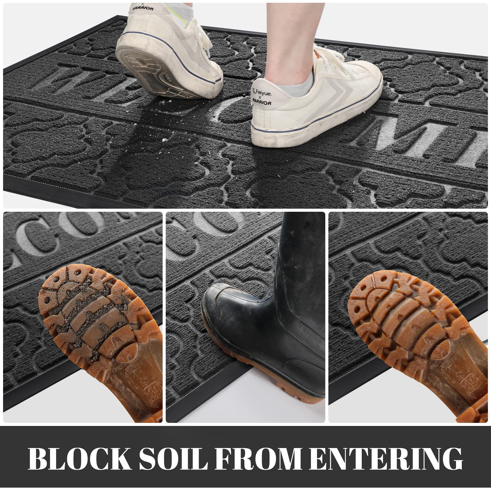 Yimobra Welcome Mat Outdoor Indoor, All-Weather Waterproof Front Door Mat Outside Entrance, Non-Slip Low Profile Porch Patio Doormat, 29.5x17, Black