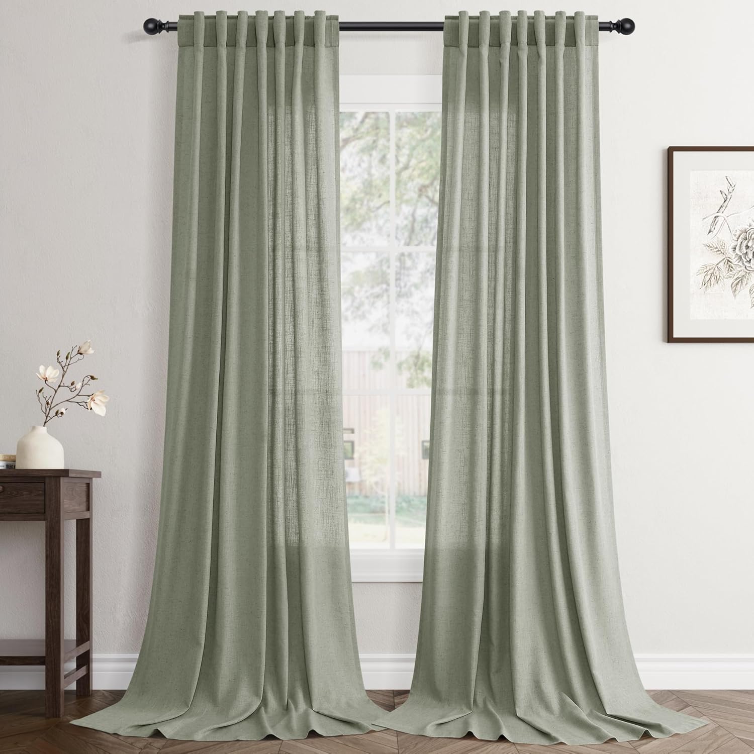 Linen White Curtains 84 inches Long for Bedroom Back Tab Privacy Light Filtering Semi Sheer White Boho Farmhouse Curtain Textured Modern Elegant Coastal Decor Curtains for Living Room