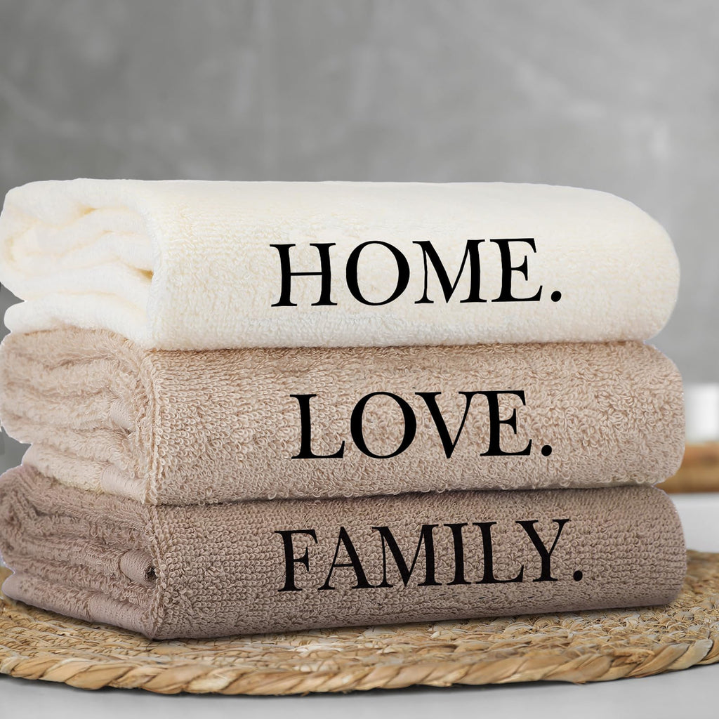 3 Pcs Home Love Family Hand Towels Farmhouse Decorative Embroidered Bathroom Hand Towels Rustic 100% Cotton Brown Hand Towels Set for Boho Bathroom Kitchen Decor