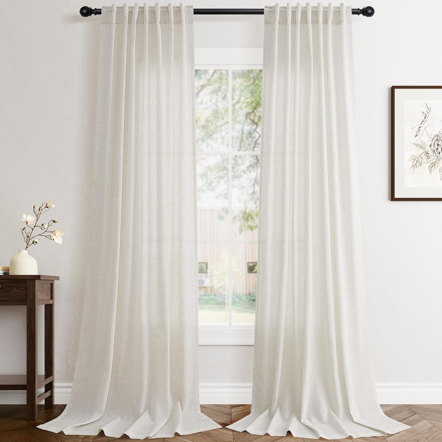 Rustic Brown Linen Back Tab Curtains 84 Inch Length for Living Room 2 Panel Pocket Drape Light Filtering Semi Sheer Cream Country Rustic Farmhouse Boho Curtain Bedroom Pinch Pleated Look