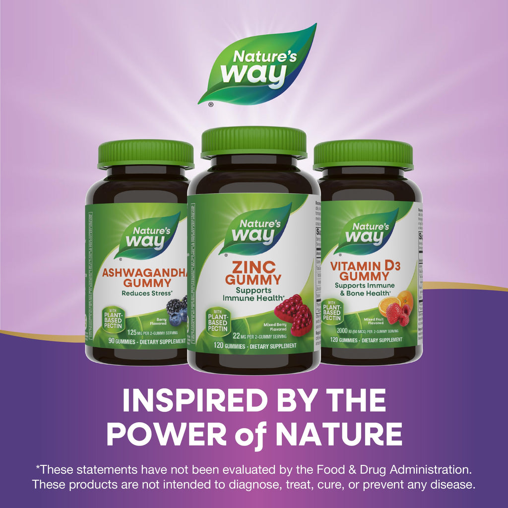 Nature's Way Zinc Gummies, Immune Support Gummy with 100% Daily Value of Zinc per 1-Gummy Serving*, Adults & Kids 9+, Gluten Free, Plant-Based Pectin, Mixed Berry Flavored, 120 Gummies (Set of 2)