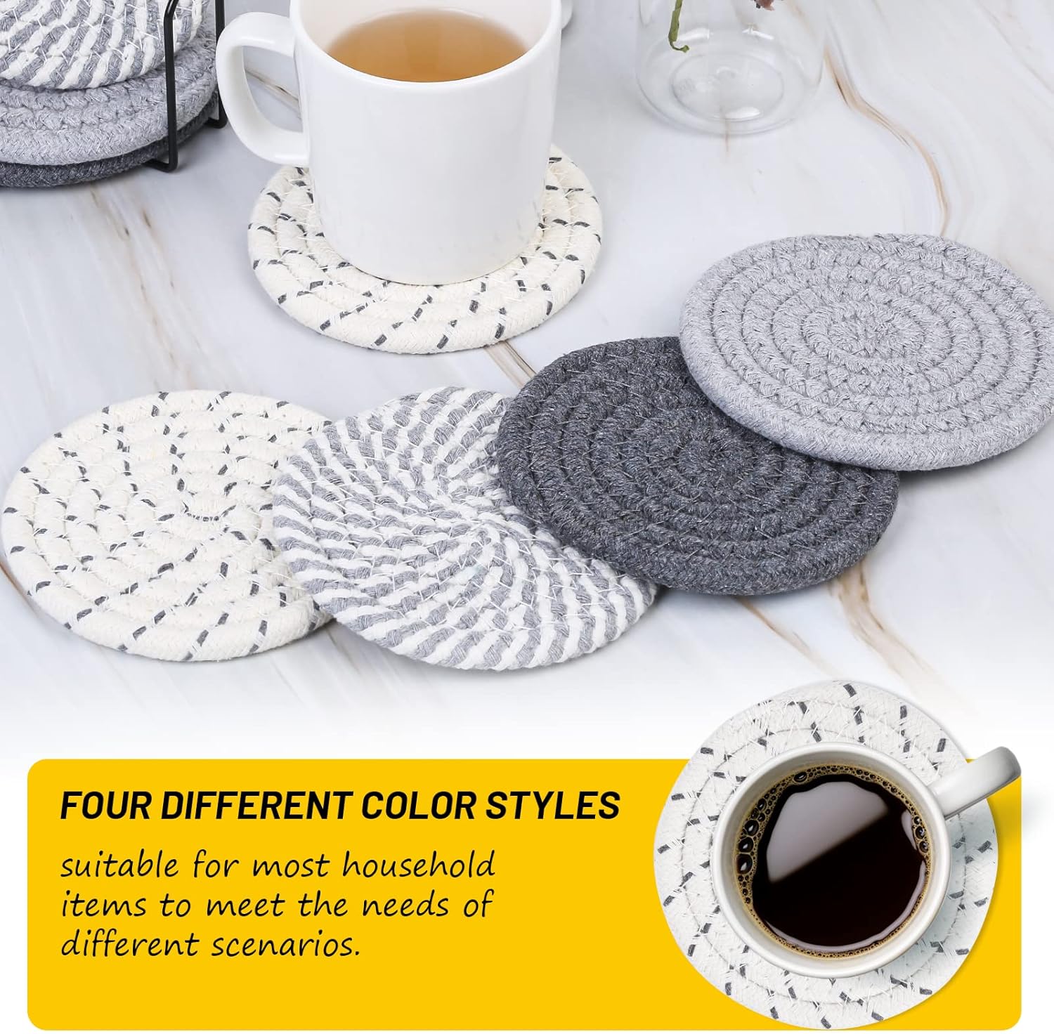 Mckanti 8 Pcs Drink Coasters with Holder, 4 Colors Absorbent Coasters, Minimalist Cotton Woven Coaster Set for Living Room Decor, Tabletop Protection Suitable for Kinds of Cups, 4.3 Inches