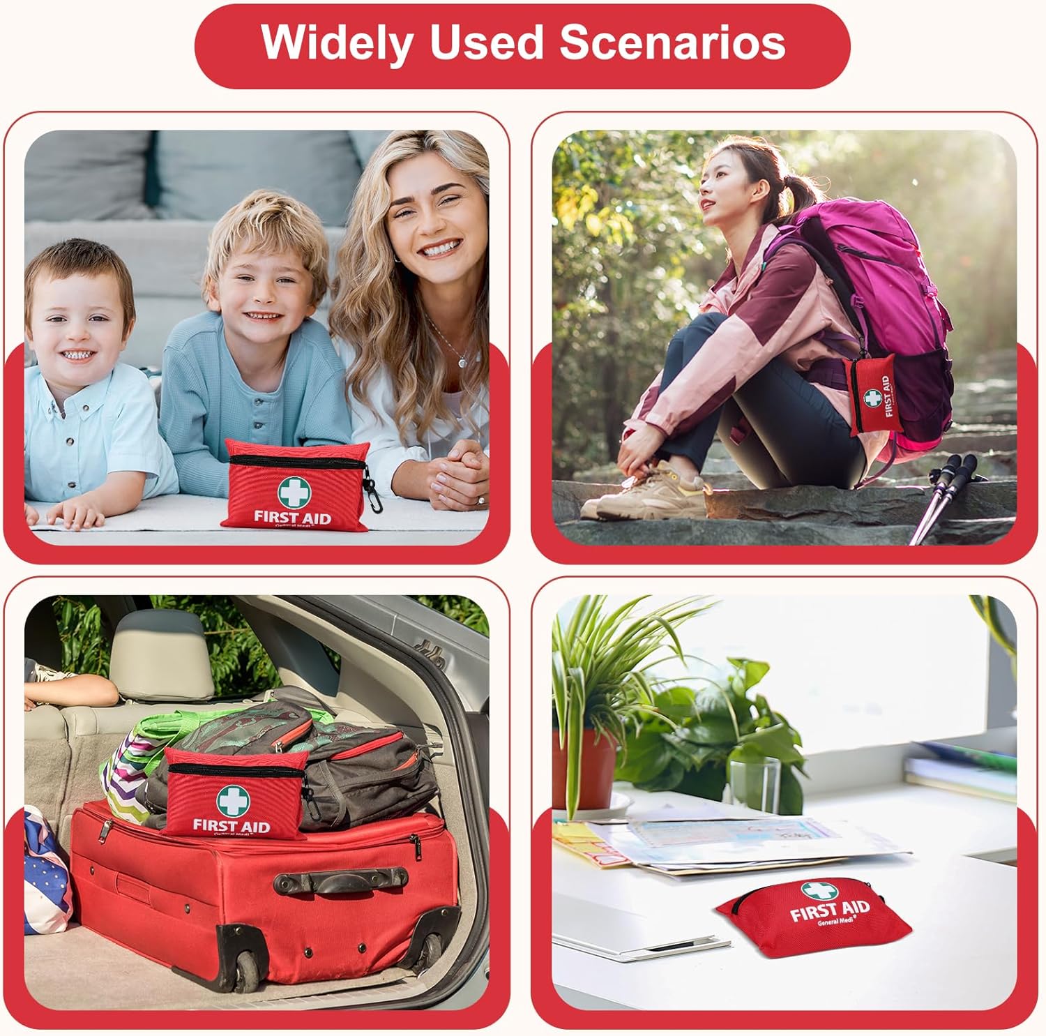 General Medi Mini First Aid Kit, 110 Piece Small First Aid Kit - Includes Emergency Foil Blanket, Scissors for Travel, Home, Office, Vehicle, Camping, Workplace & Outdoor (Red)