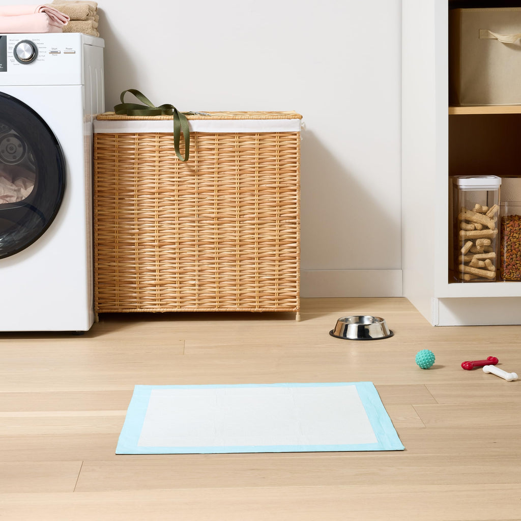 Amazon Basics Dog and Puppy Pee Pads, 5-Layer Leak-Proof Super Absorbent, Quick-Dry Surface, Potty Training, Regular (22x22"), 50 Count, Blue & White